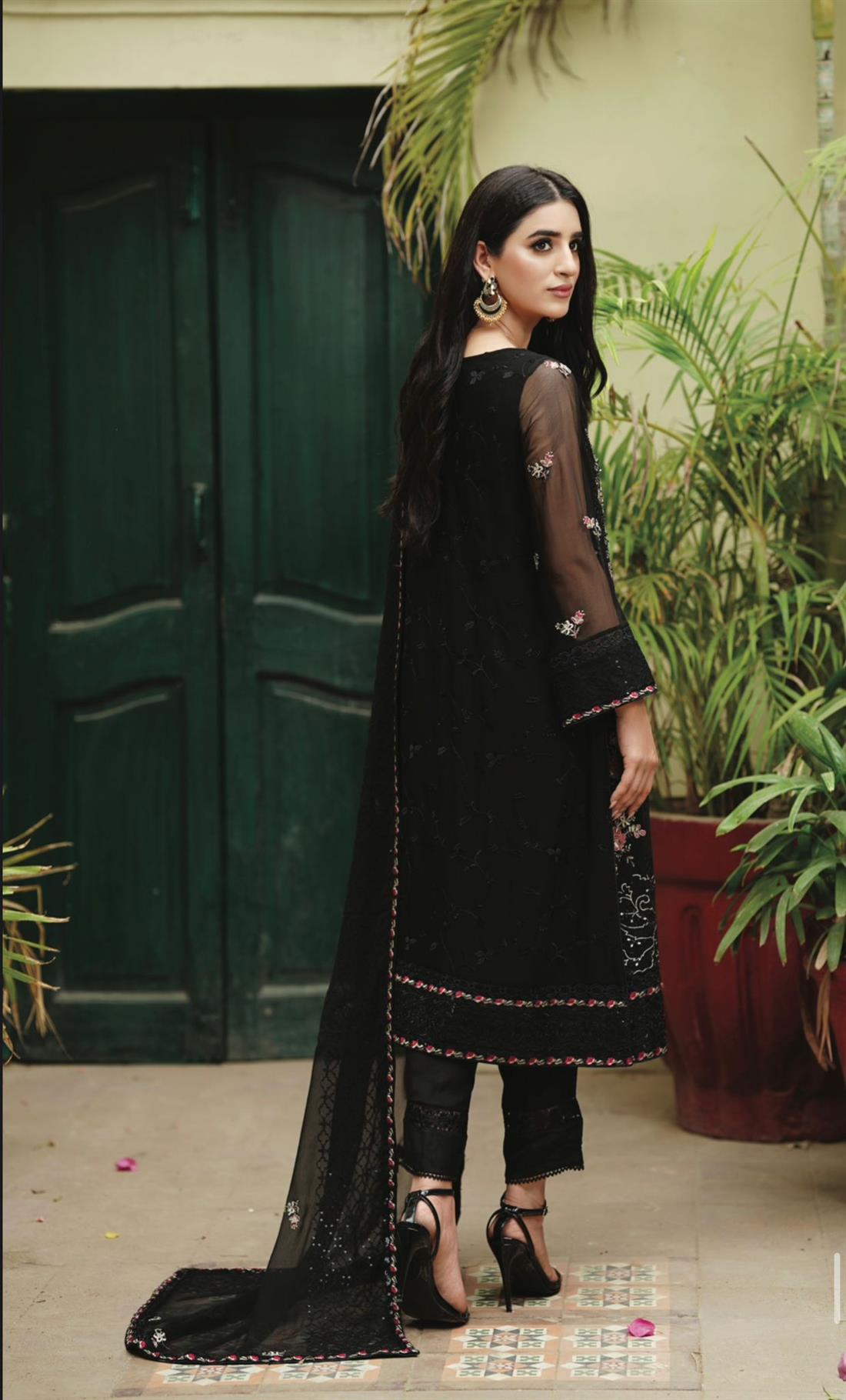 Black Embroidered Raw Silk Ladies Readymade