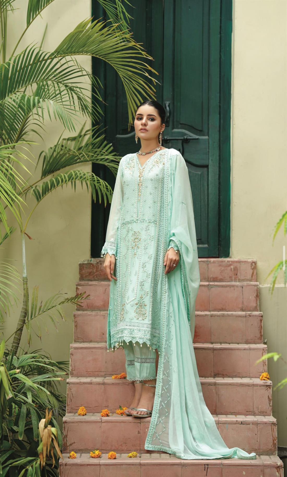 Aqua Embroidered Raw Silk Ladies Readymade