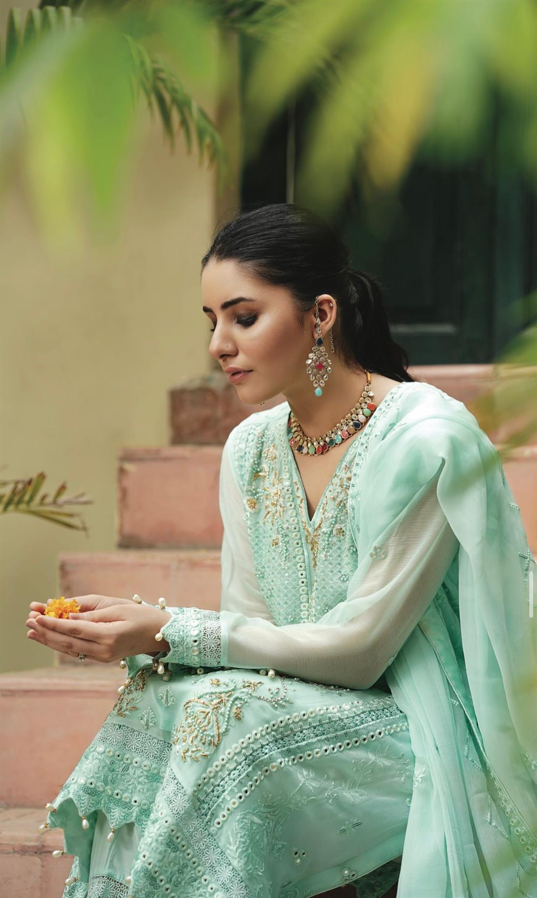 Aqua Embroidered Raw Silk Ladies Readymade