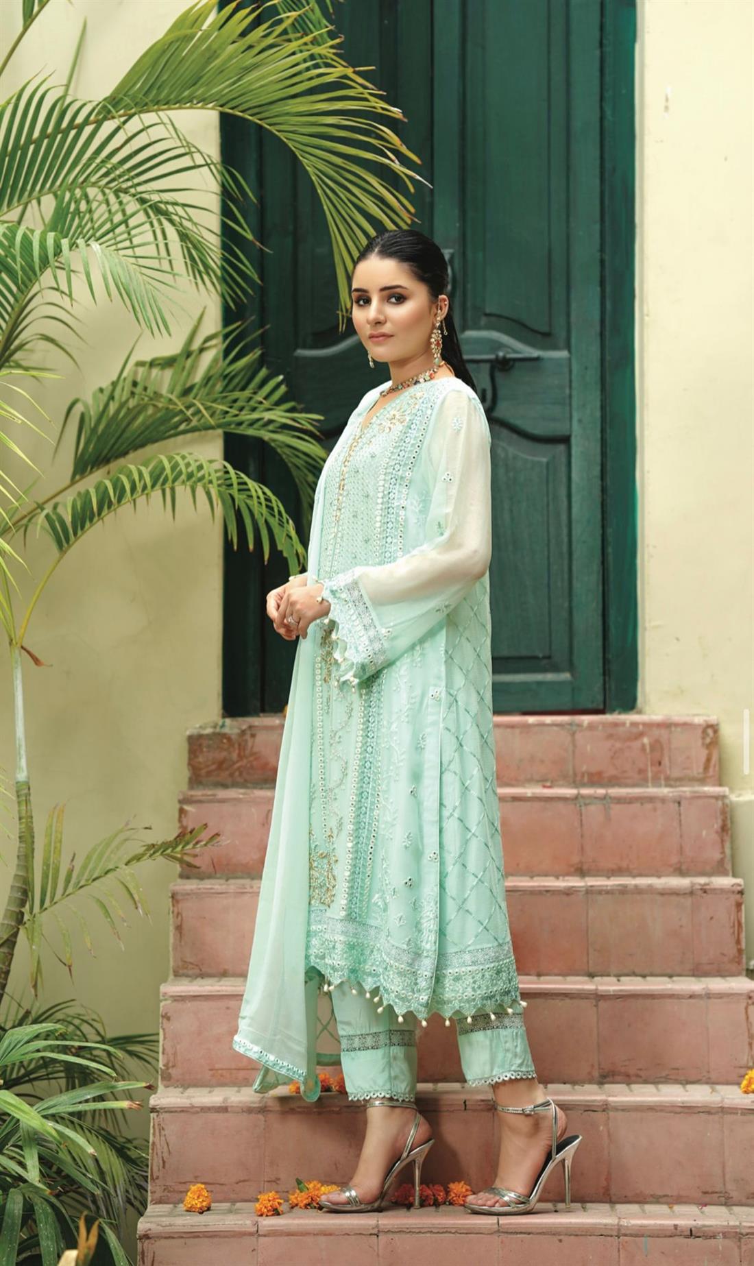 Aqua Embroidered Raw Silk Ladies Readymade