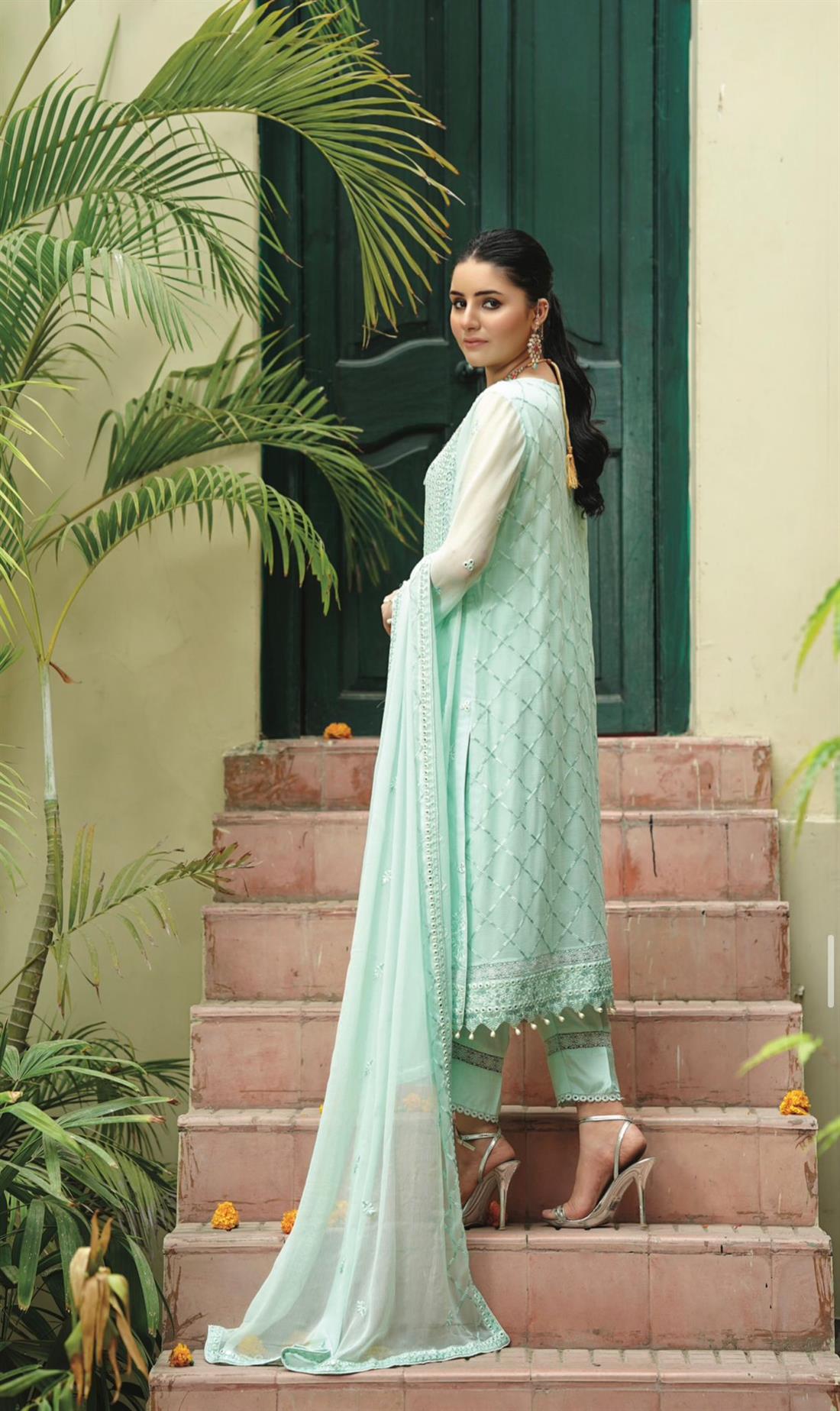Aqua Embroidered Raw Silk Ladies Readymade