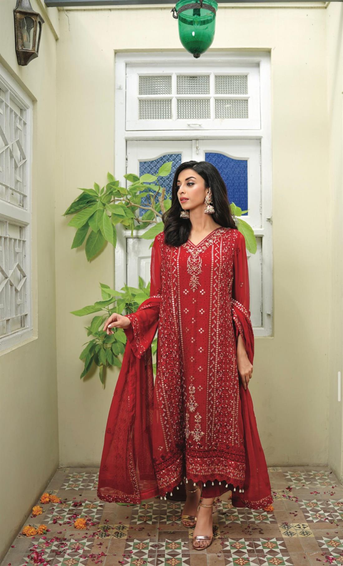 Red Embroidered Raw Silk Ladies Readymade