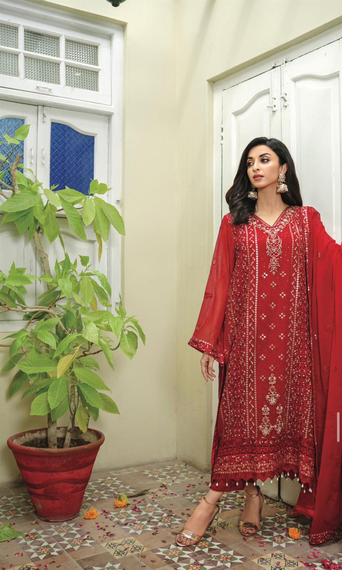 Red Embroidered Raw Silk Ladies Readymade