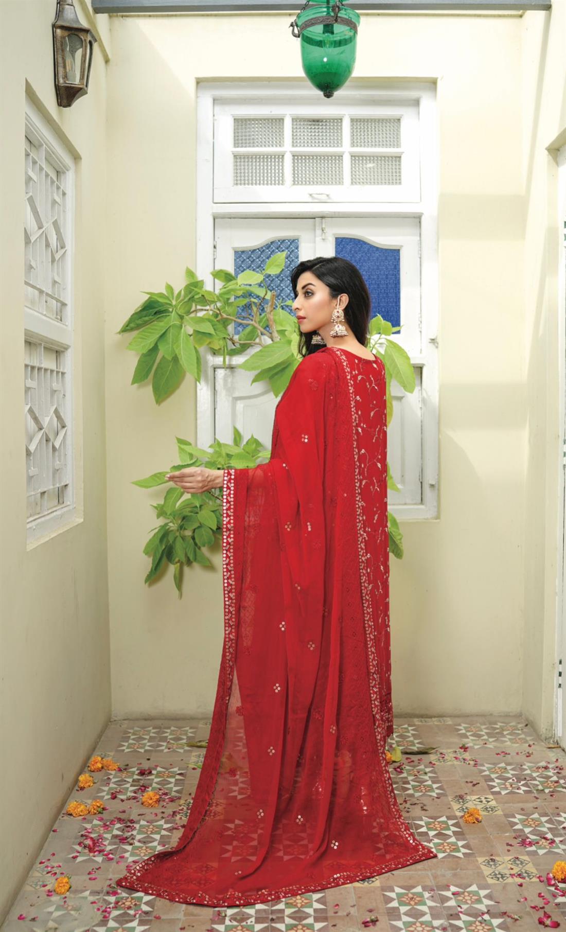 Red Embroidered Raw Silk Ladies Readymade