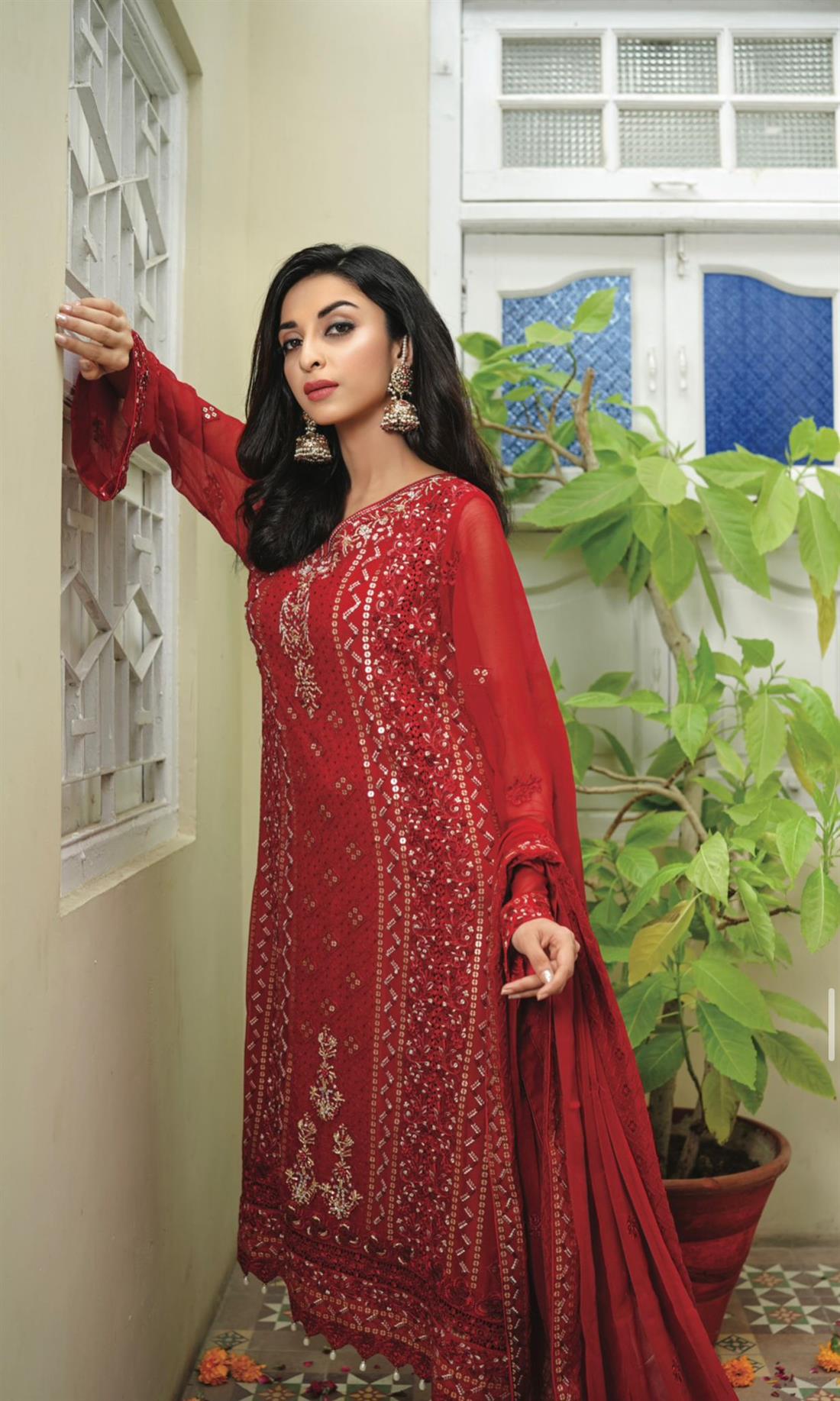 Red Embroidered Raw Silk Ladies Readymade