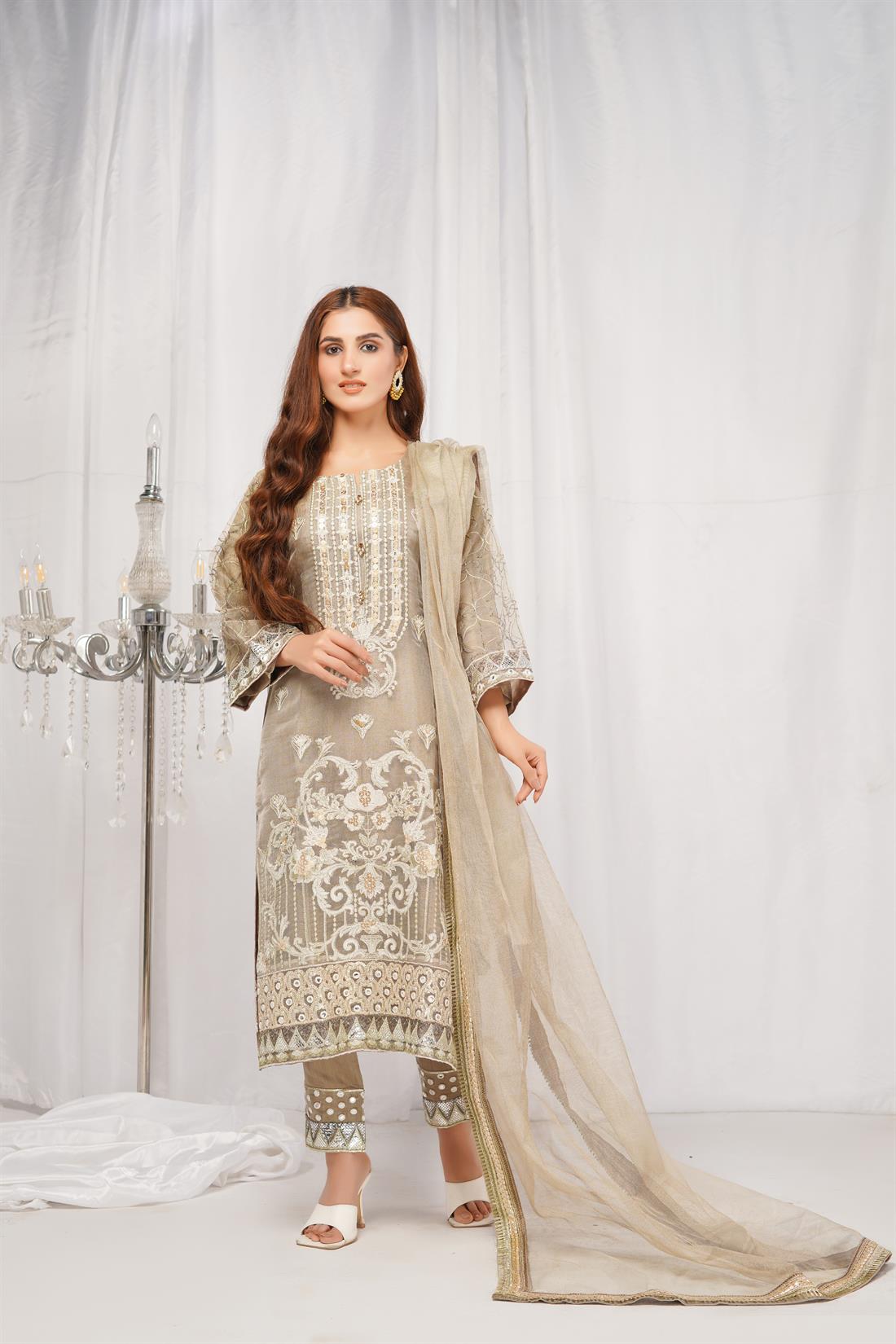 Beige Gold Embroidered Net Ladies Readymade