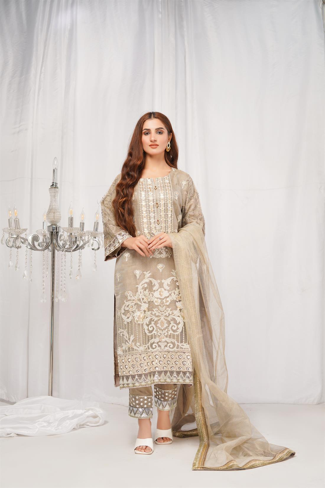 Beige Gold Embroidered Net Ladies Readymade