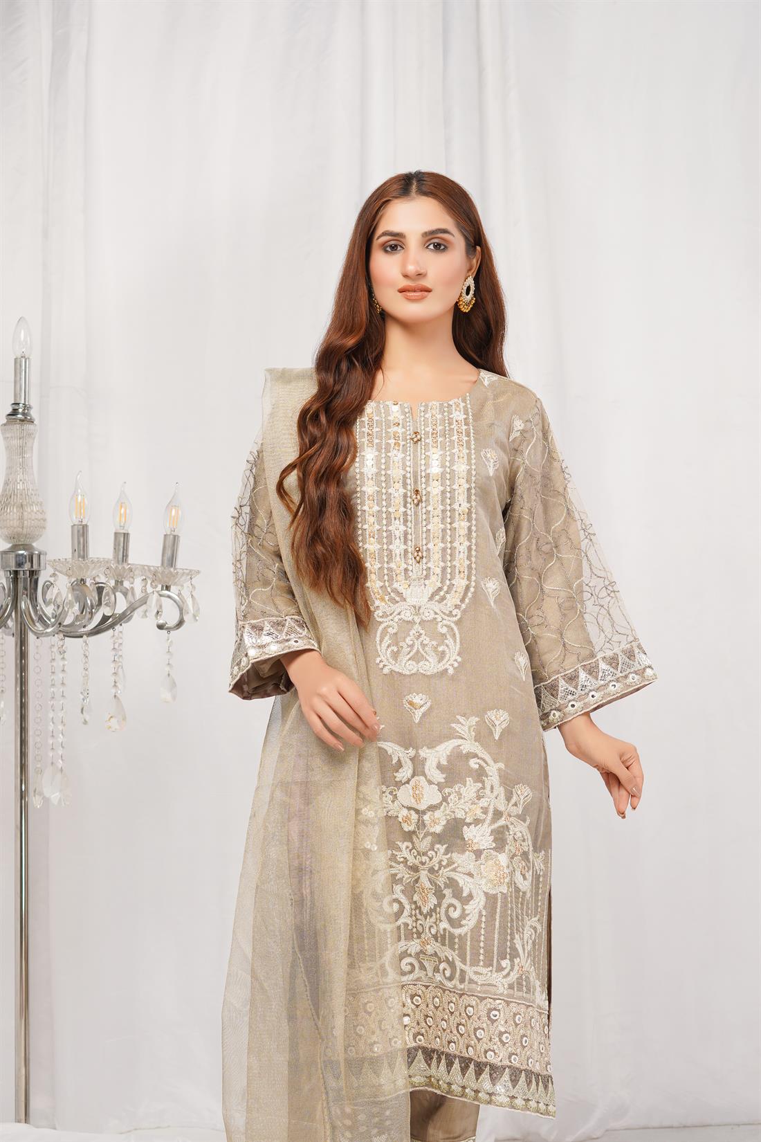 Beige Gold Embroidered Net Ladies Readymade