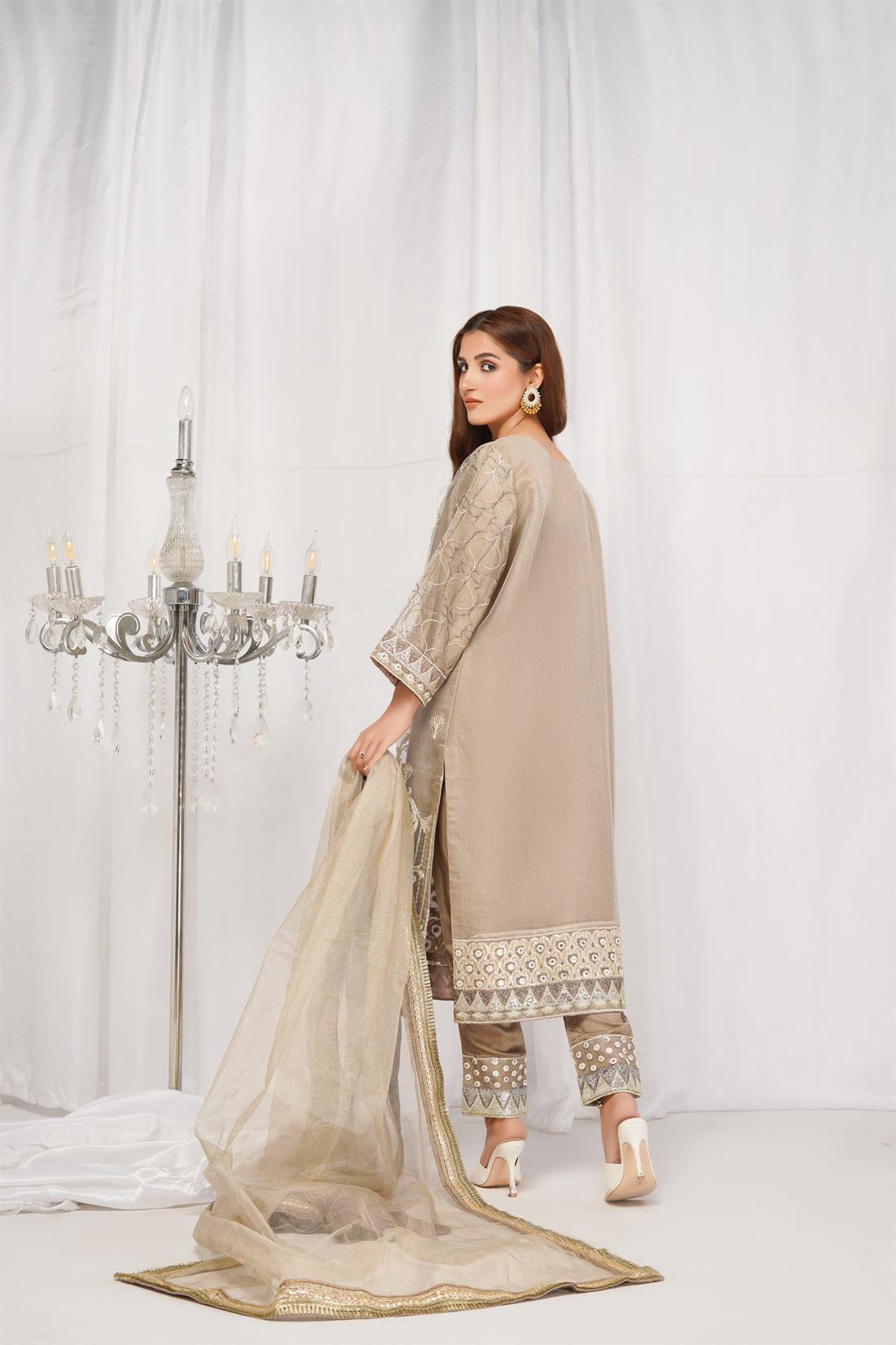 Beige Gold Embroidered Net Ladies Readymade