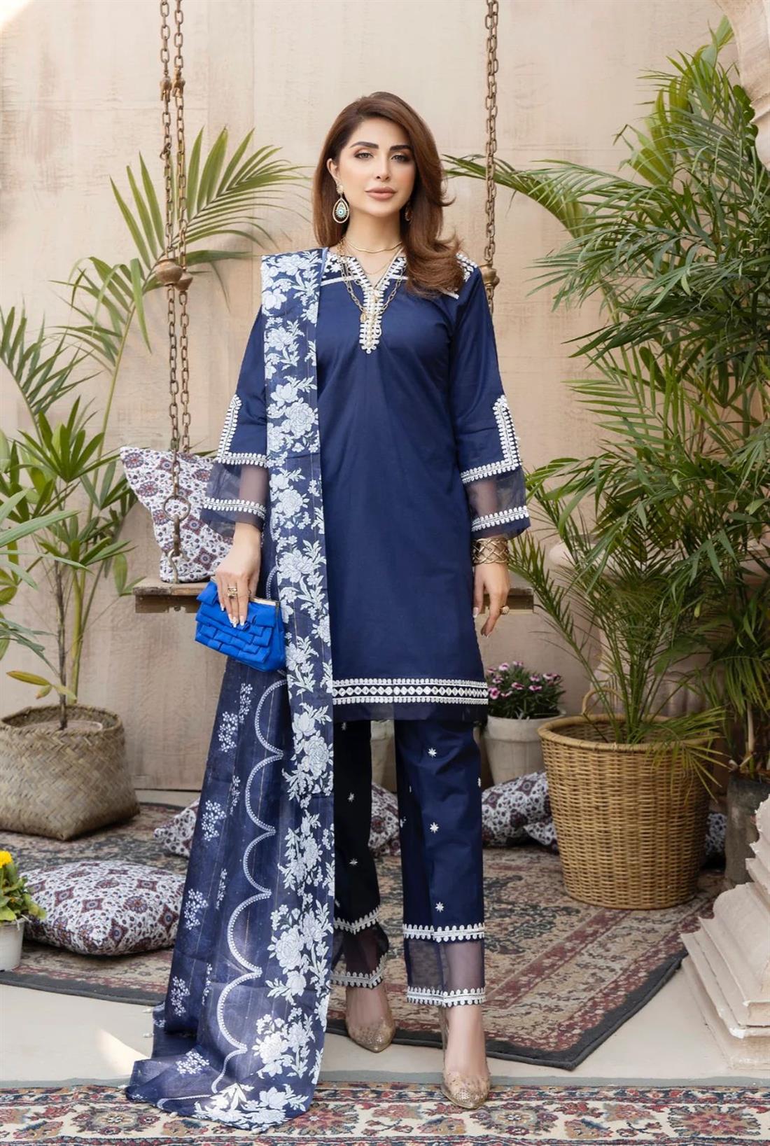 Navy Blue Embroidered Lawn Ladies Readymade