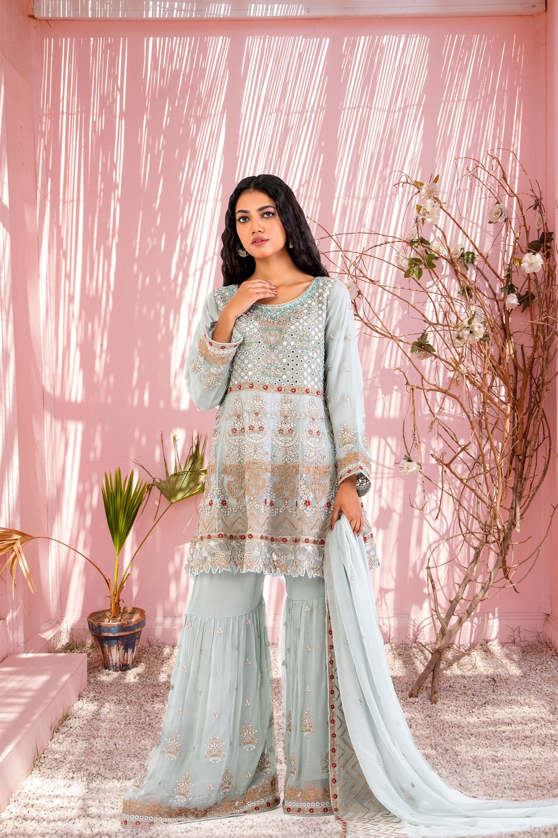 Mint Pure Chiffon Peplum 3 Piece Suit with Gharara and Duppatta
