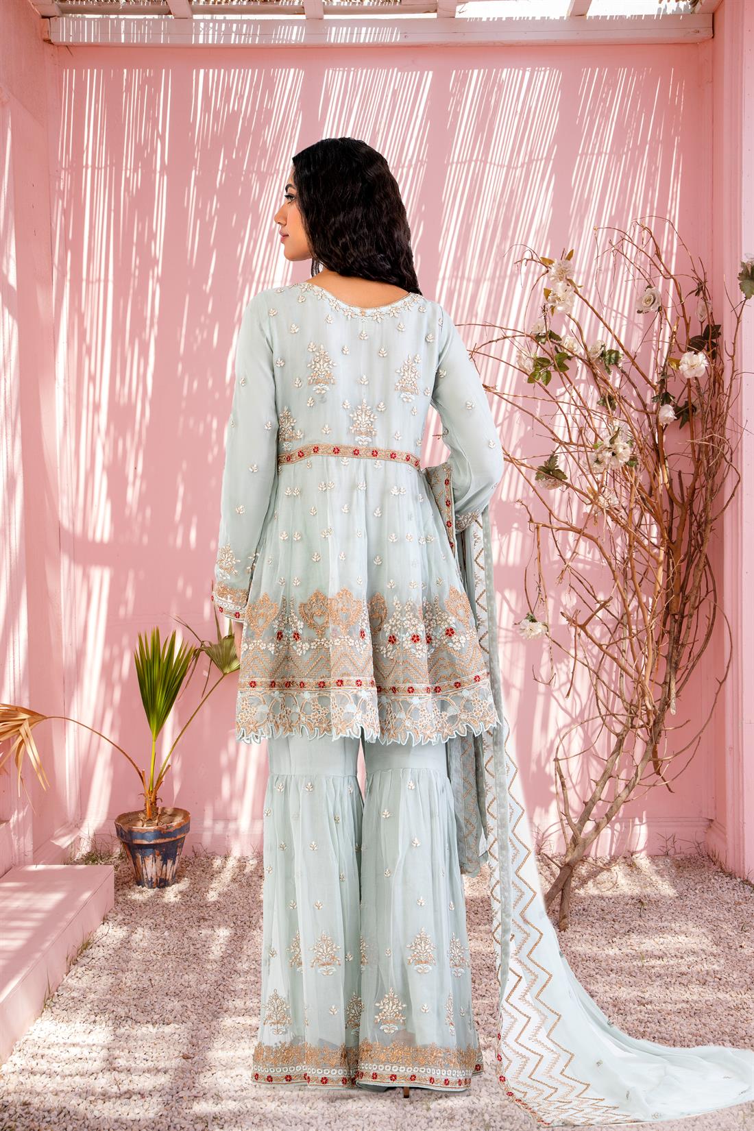 Mint Pure Chiffon Peplum 3 Piece Suit with Gharara and Duppatta