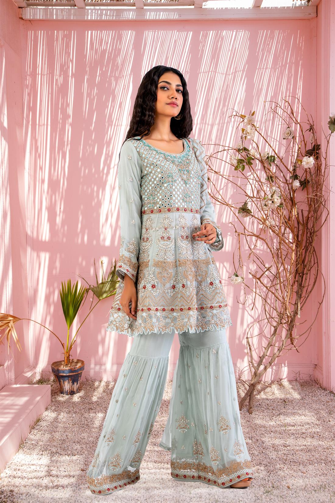 Mint Pure Chiffon Peplum 3 Piece Suit with Gharara and Duppatta
