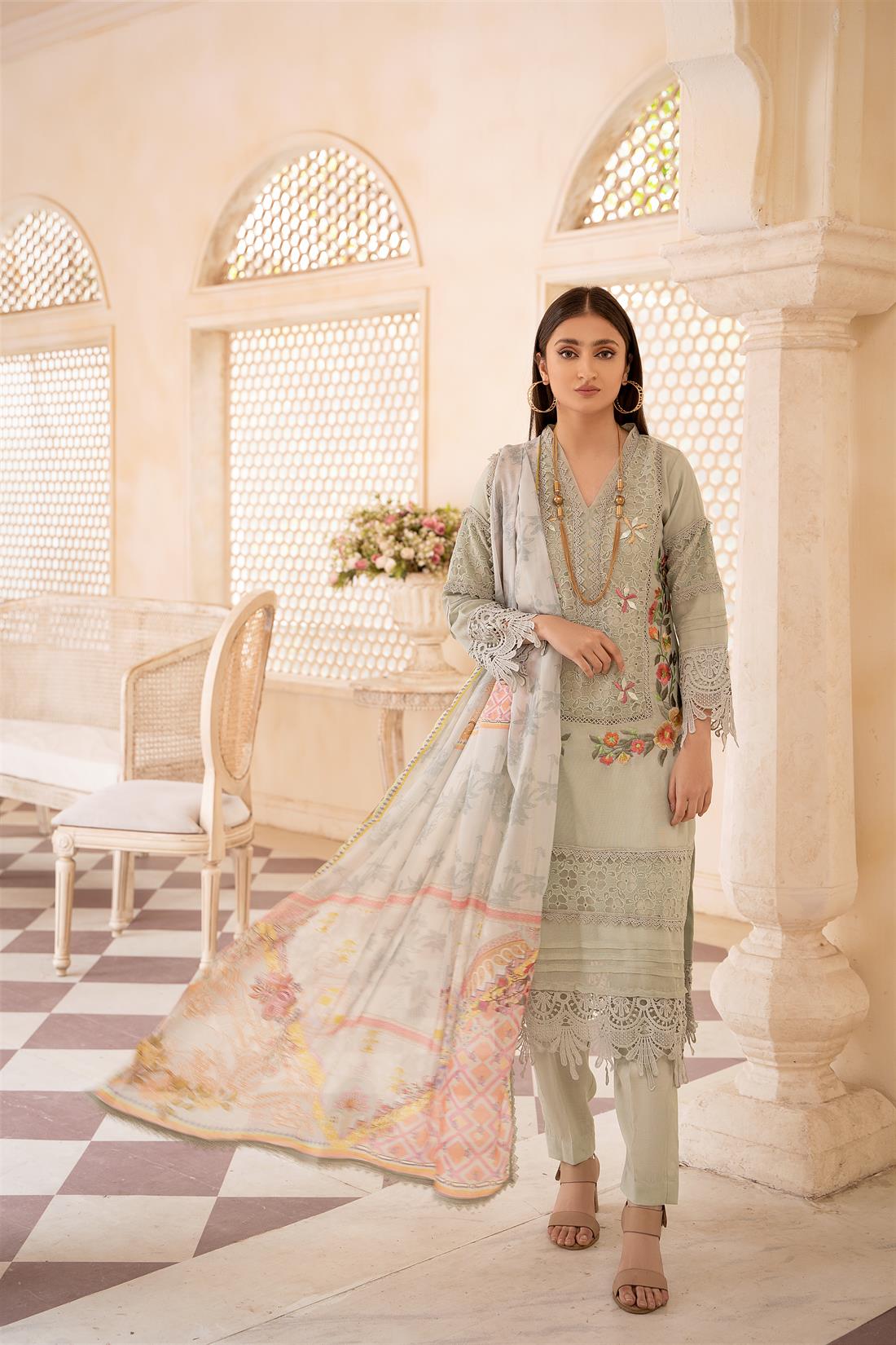 Mint Printed 3 Piece Khaadi Net Shirt Suit with Silk Trouser and Dupatta