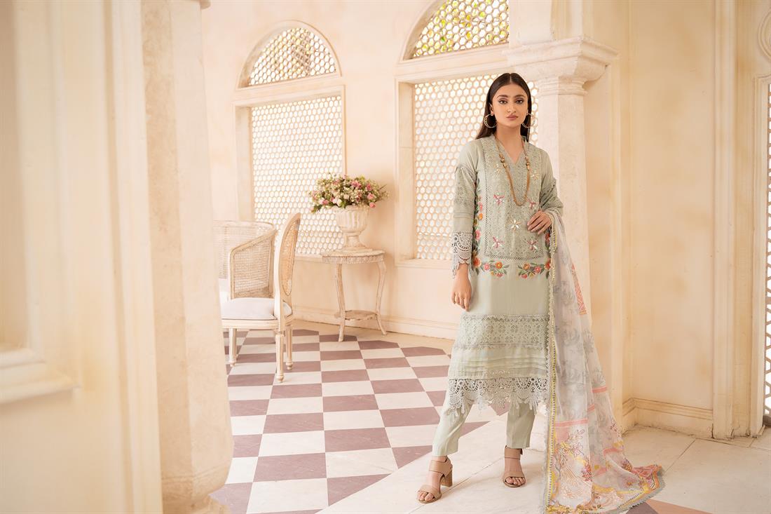 Mint Printed 3 Piece Khaadi Net Shirt Suit with Silk Trouser and Dupatta
