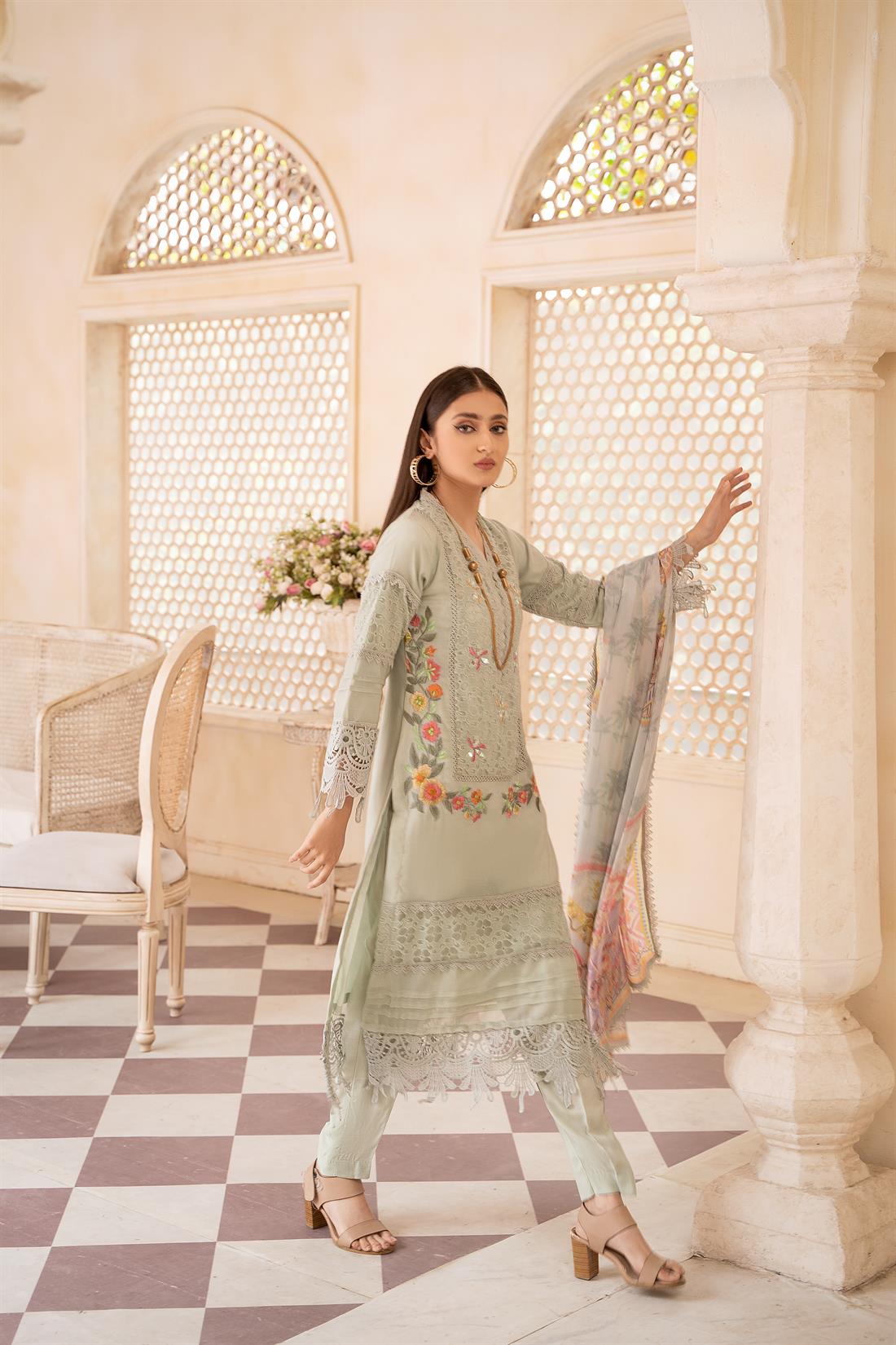 Mint Printed 3 Piece Khaadi Net Shirt Suit with Silk Trouser and Dupatta