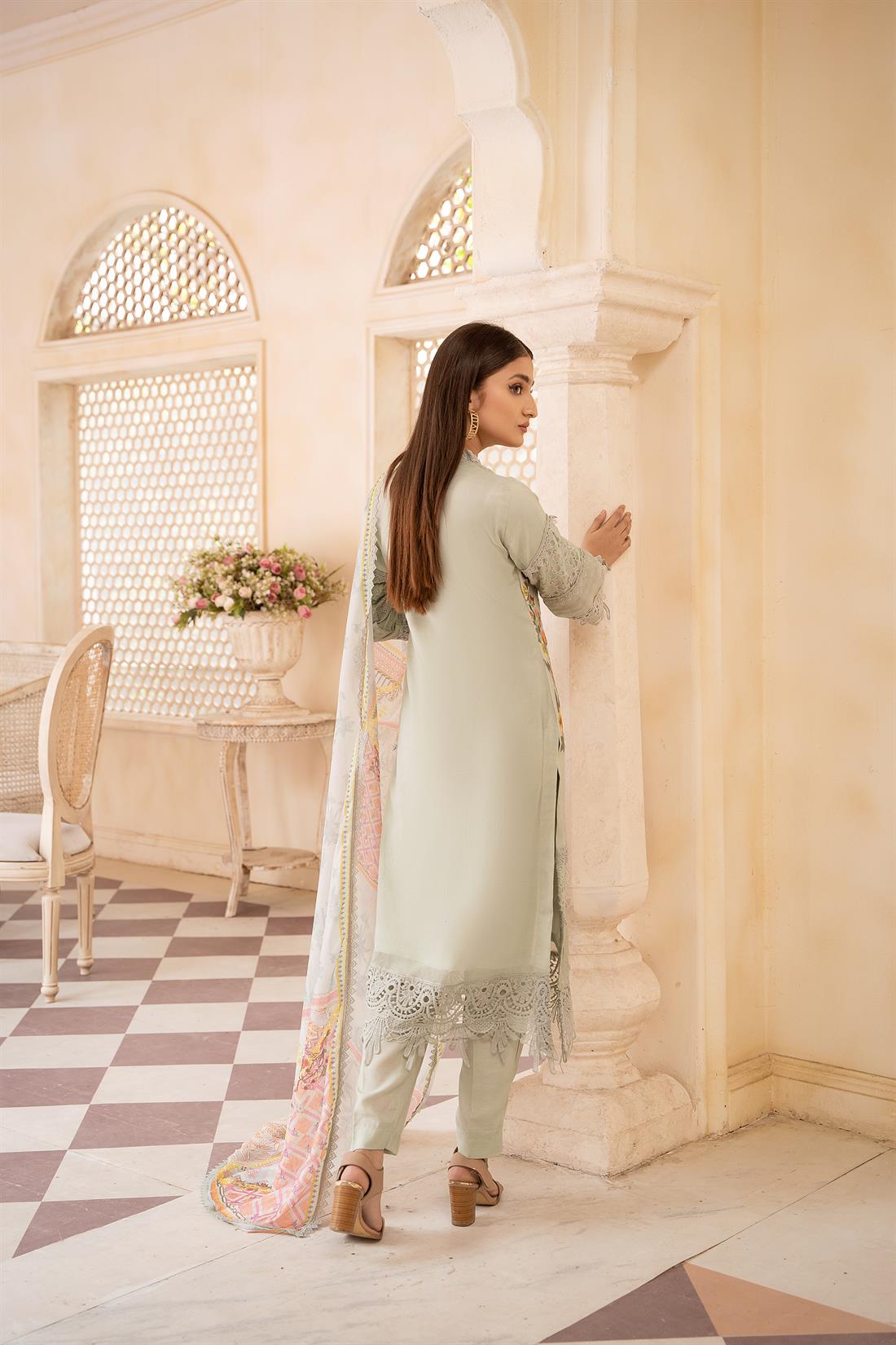 Mint Printed 3 Piece Khaadi Net Shirt Suit with Silk Trouser and Dupatta