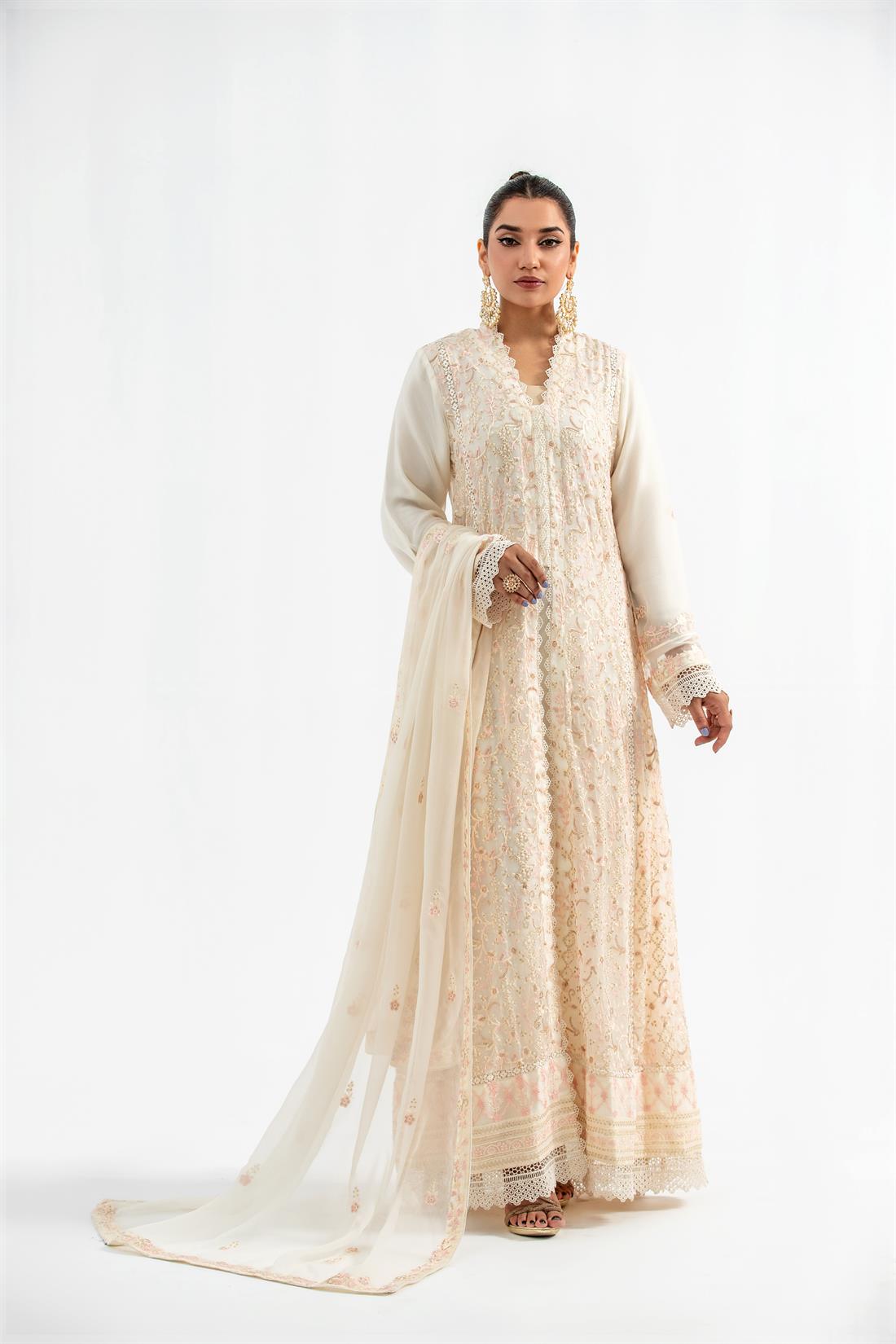 Cream Embroidered Raw Silk Maxi Ladies Readymade