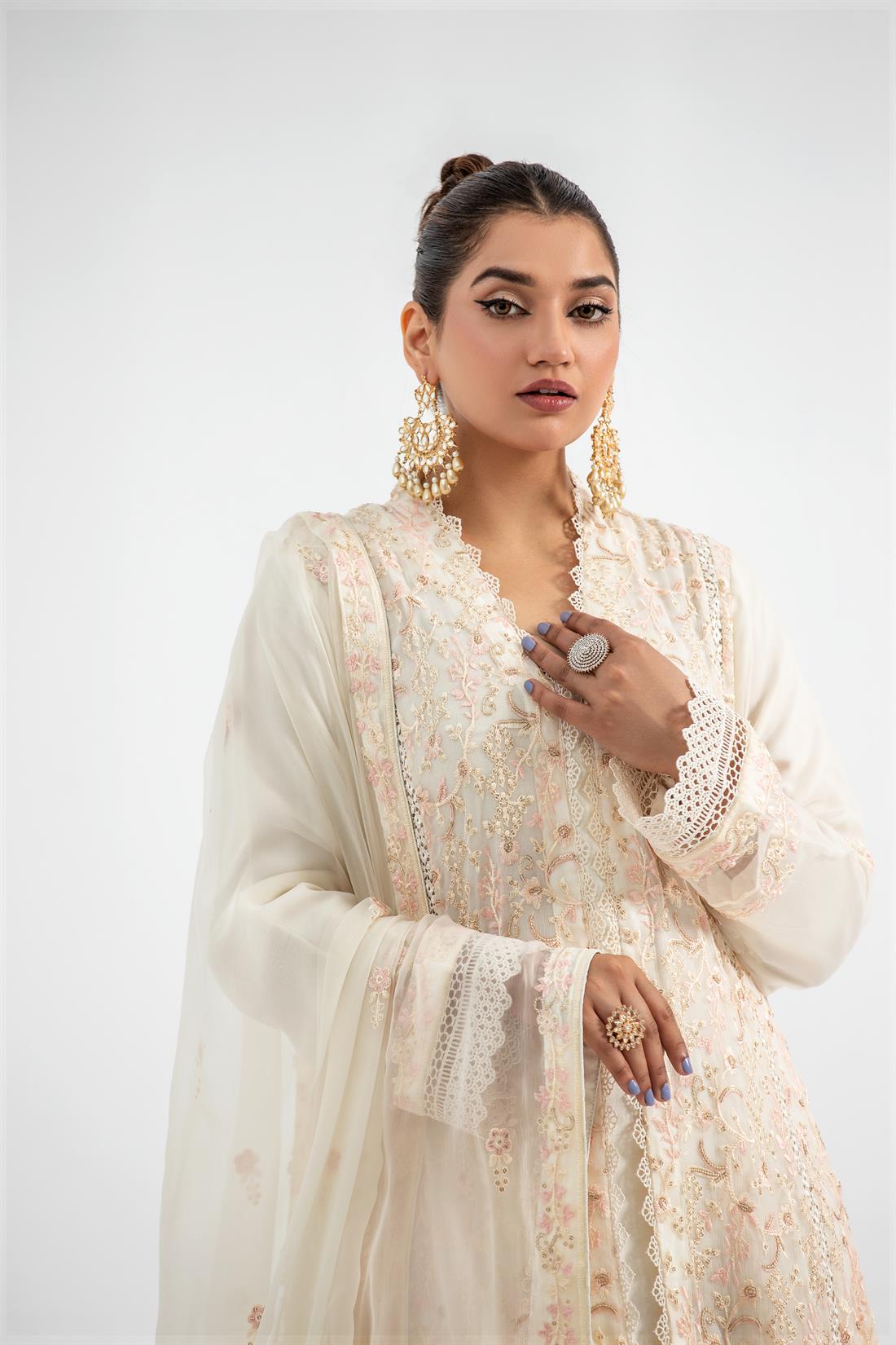 Cream Embroidered Raw Silk Maxi Ladies Readymade