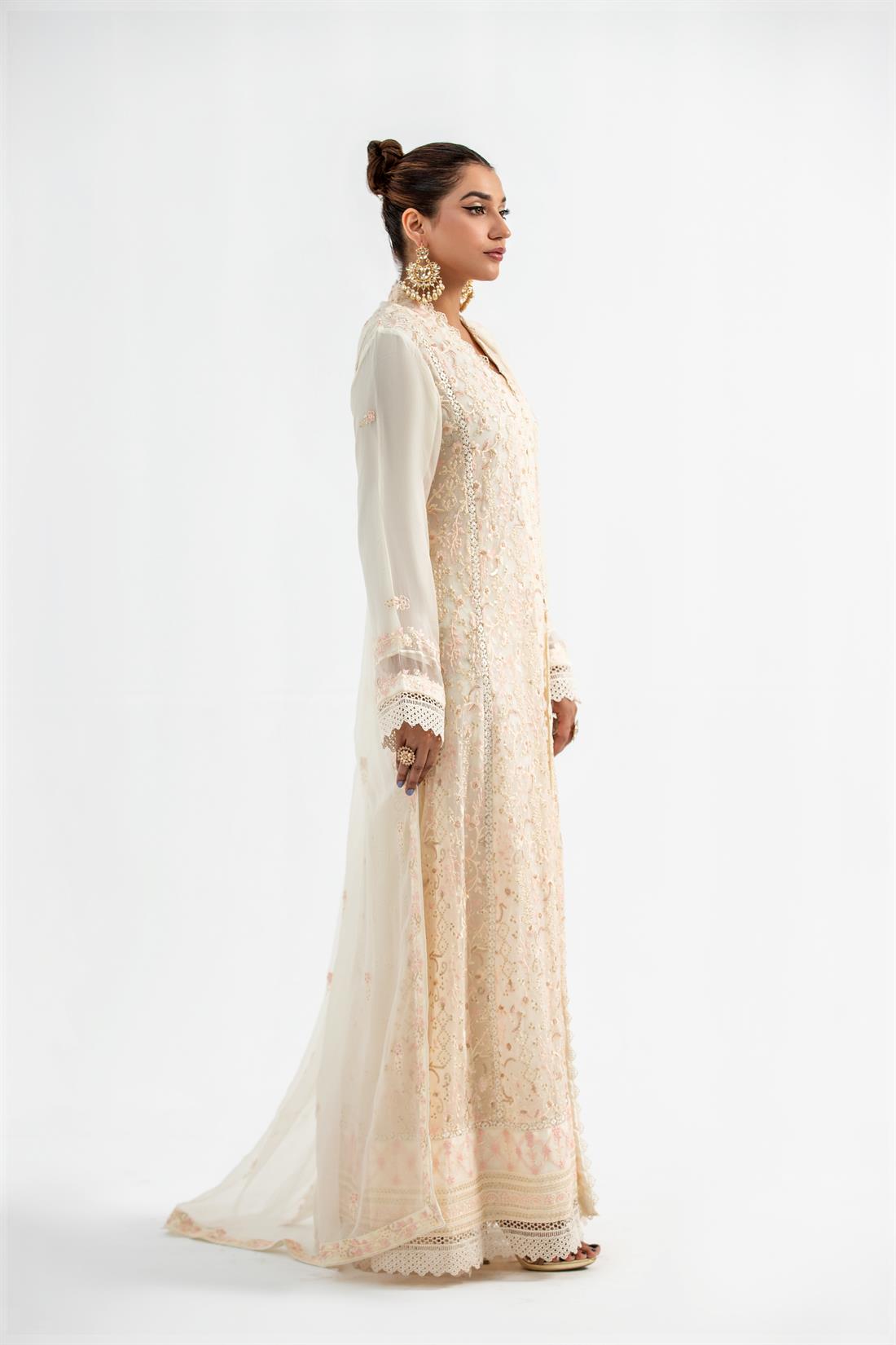 Cream Embroidered Raw Silk Maxi Ladies Readymade