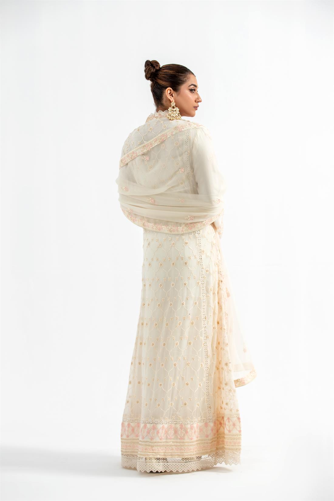 Cream Embroidered Raw Silk Maxi Ladies Readymade