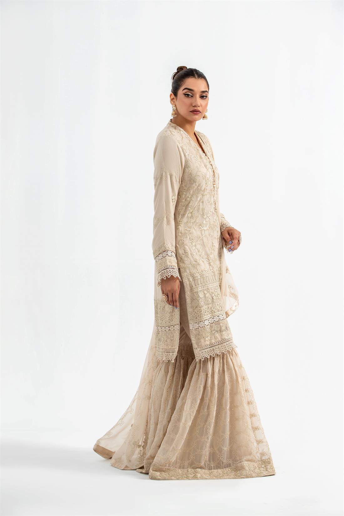 Beige Embroidered Chiffon Gharara Ladies Readymade