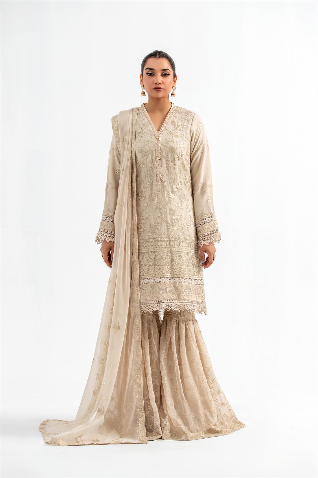 Beige Embroidered Chiffon Gharara Ladies Readymade