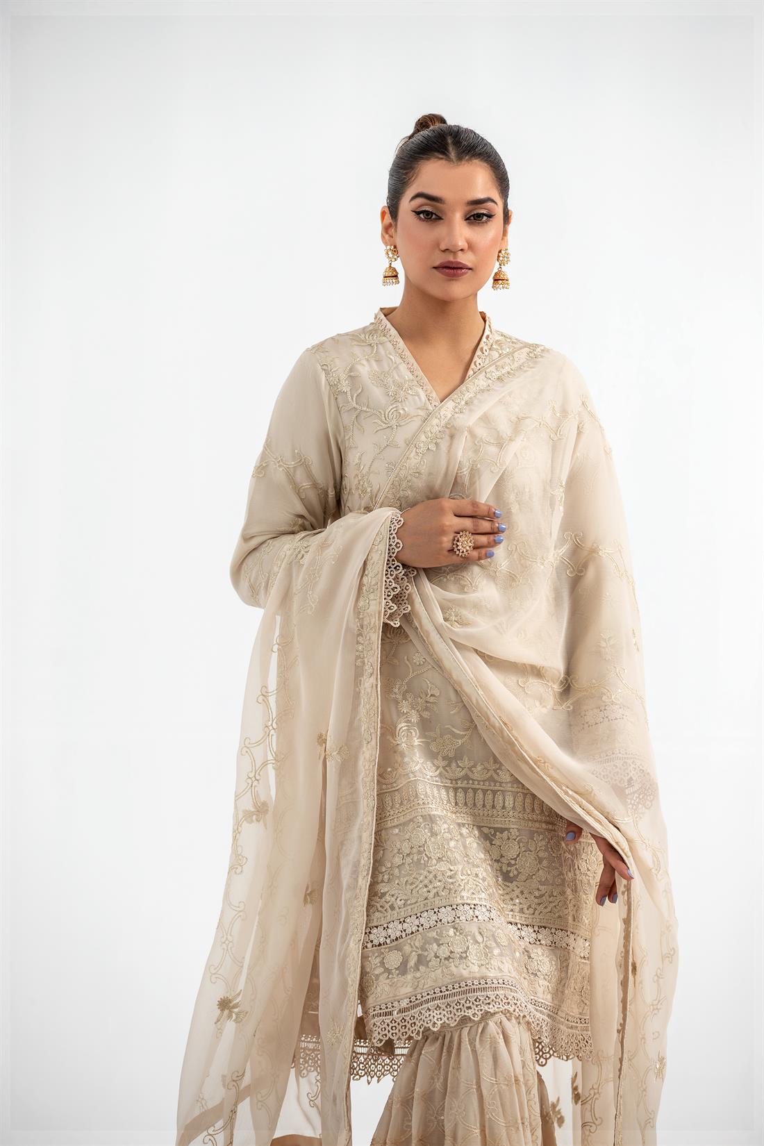 Beige Embroidered Chiffon Gharara Ladies Readymade