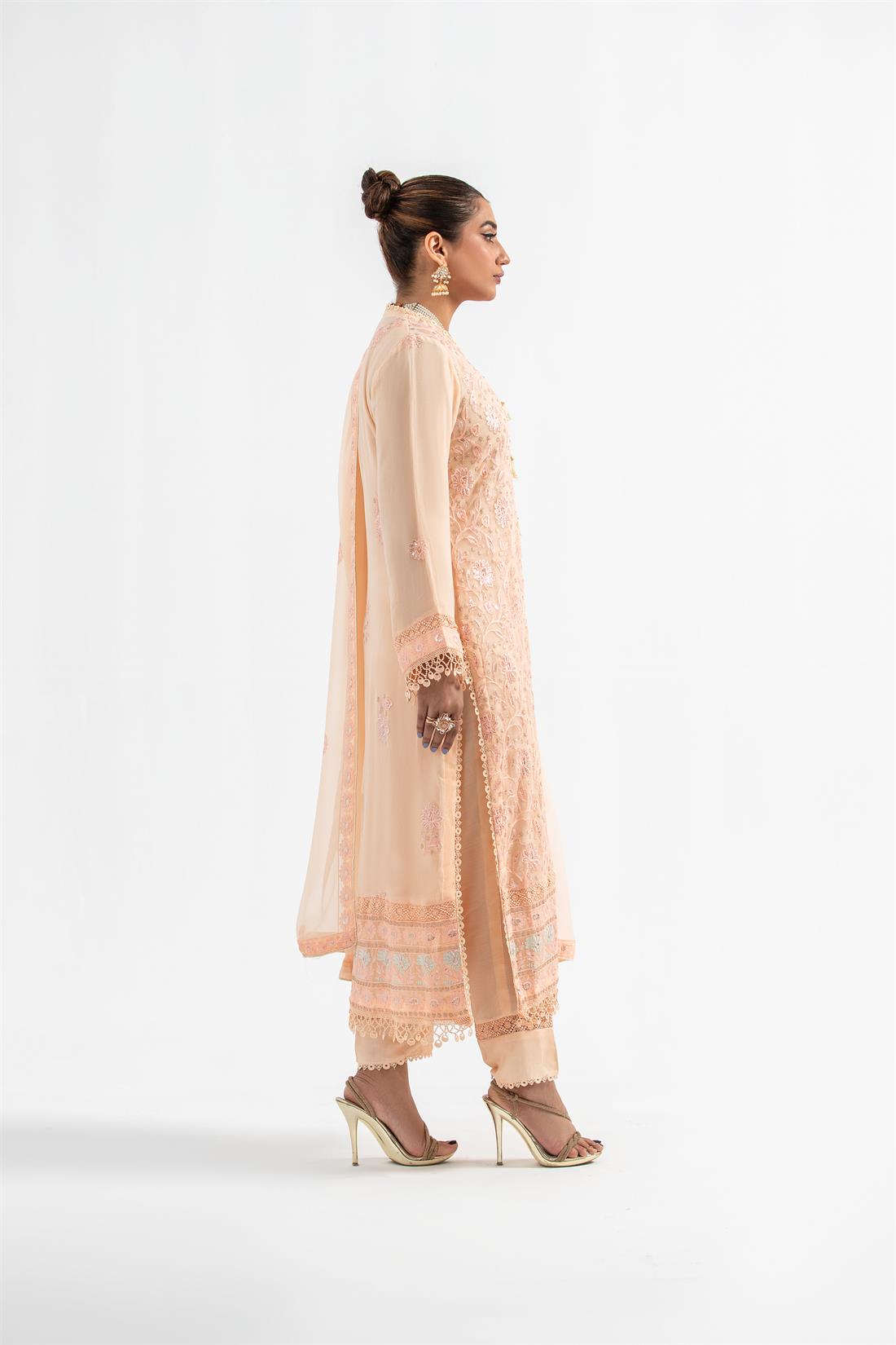 Peach Embroidered Chiffon Ladies Readymade