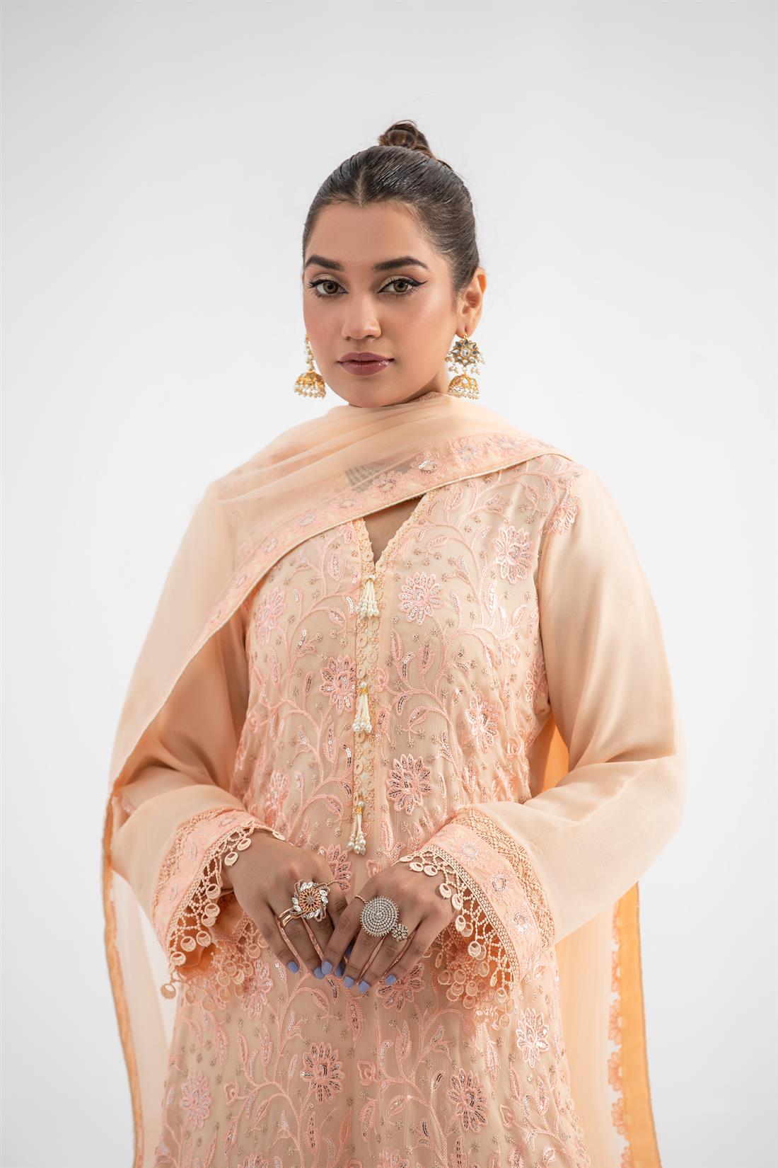 Peach Embroidered Chiffon Ladies Readymade