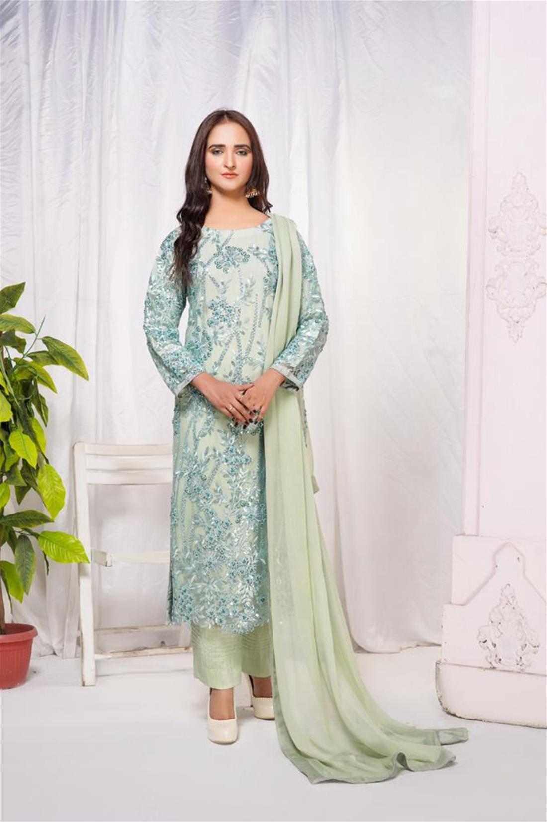 Mint Green Embroidered Chiffon Ladies Readymade