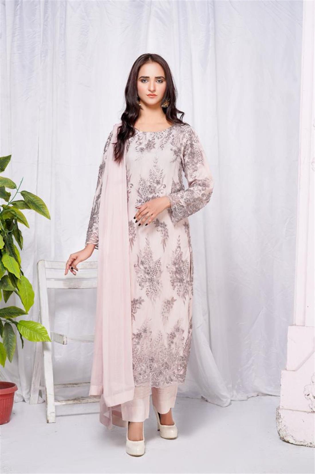 Rose Gold Embroidered Kameez with Viscose Trouser and Chiffon Dupatta