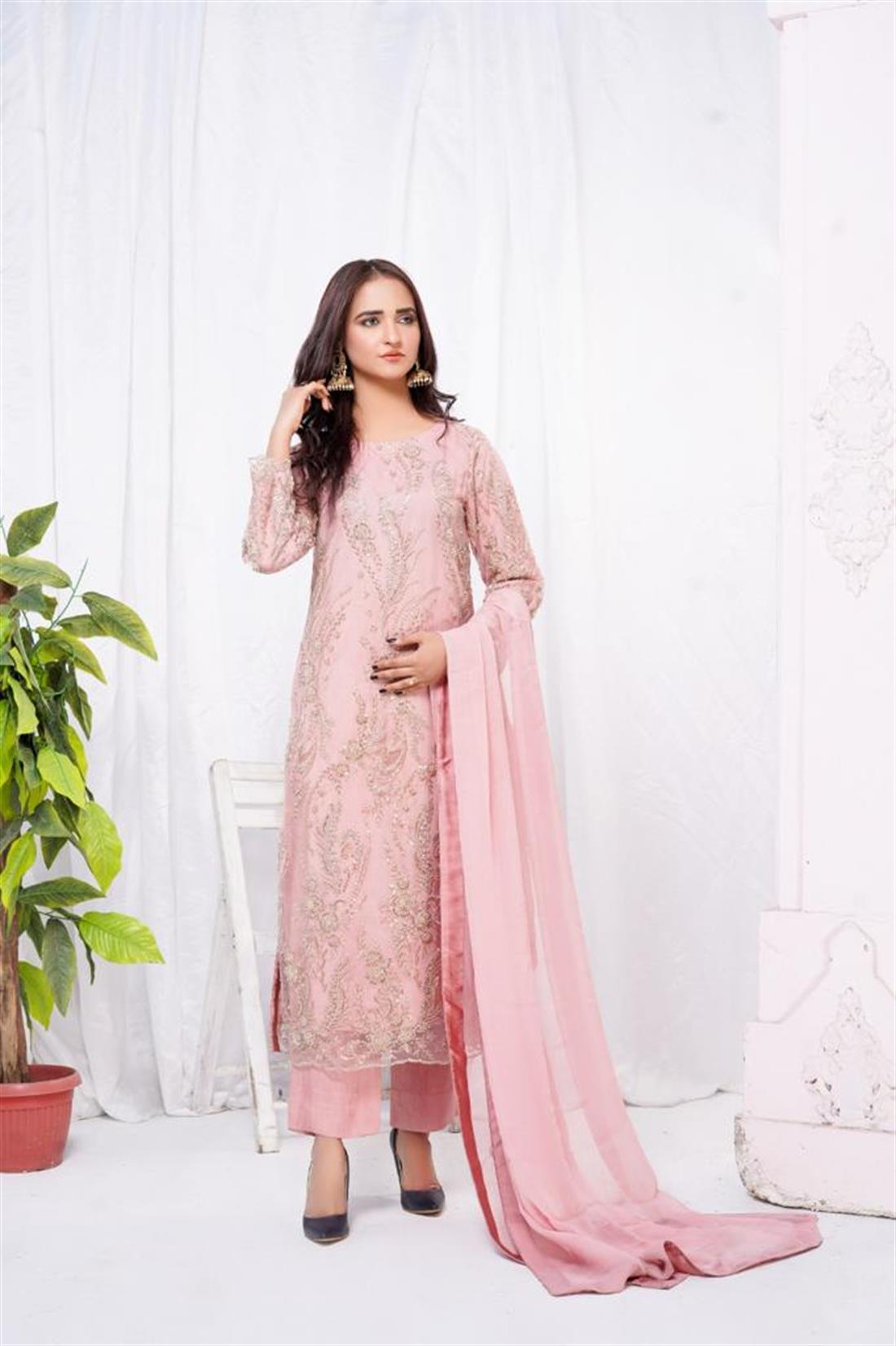 Pink Embroidered Lace Kameez with Viscose Trouser and Chiffon Dupatta