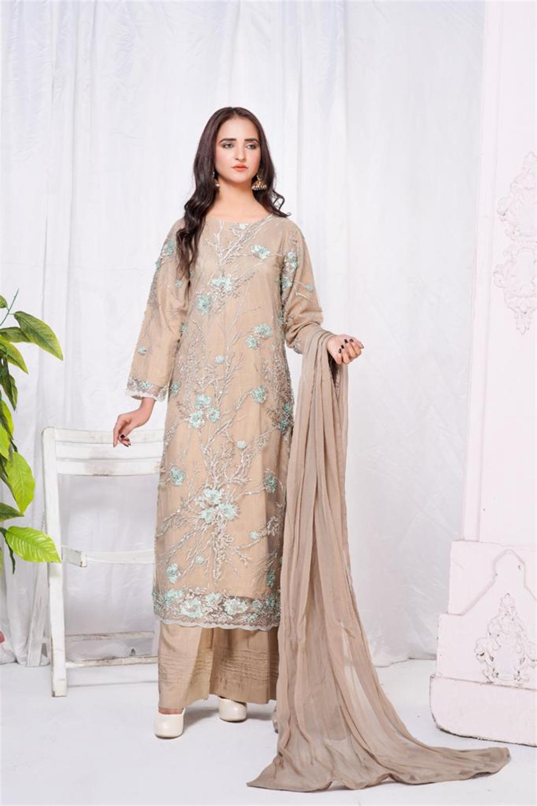 Beige Embroidered Chiffon Ladies Readymade