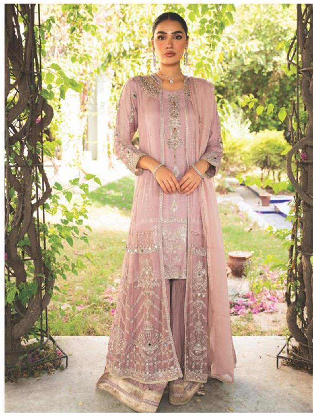 Lilac Embroidered Chiffon Gharara Ladies Readymade