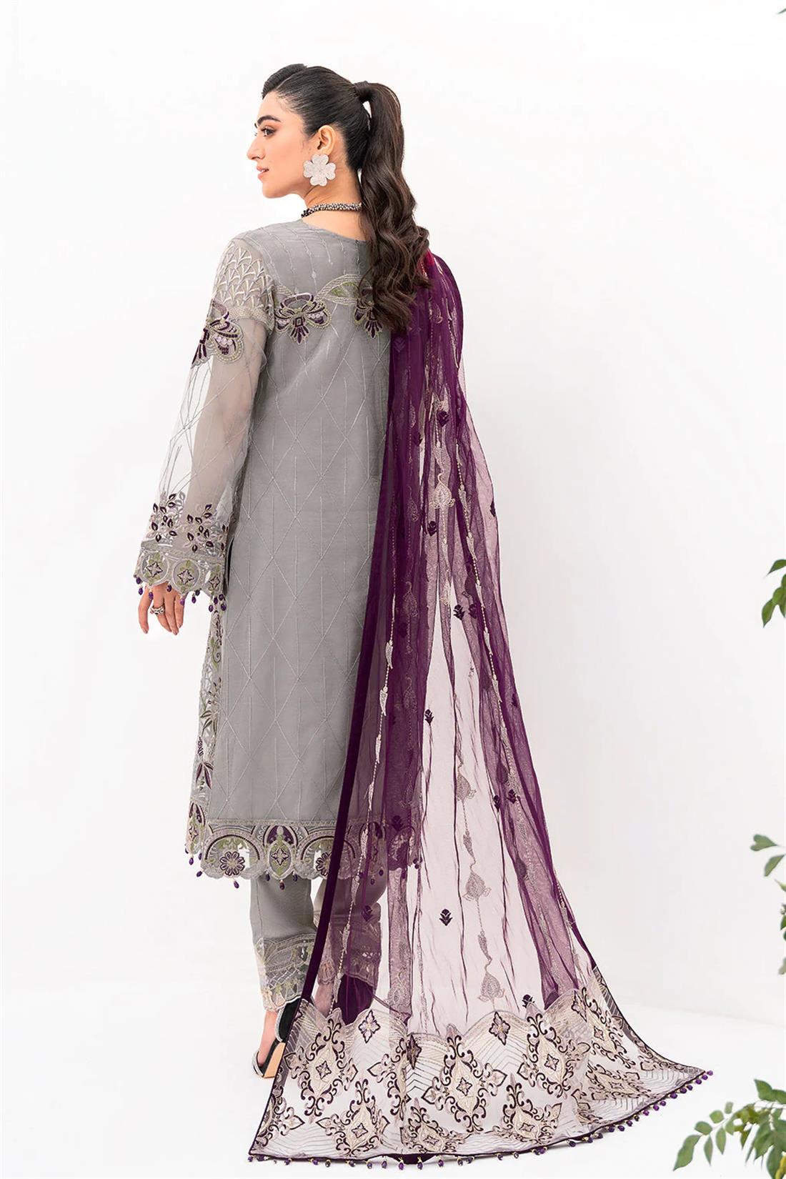 Grey Embroidered Raw Silk Ladies Readymade