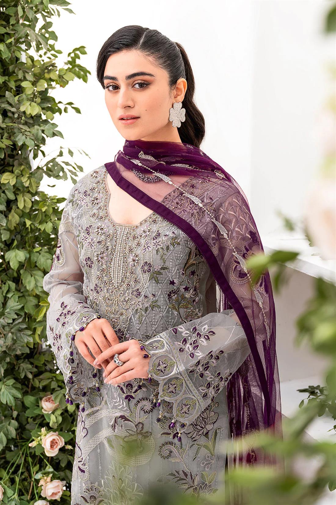 Grey Embroidered Raw Silk Ladies Readymade