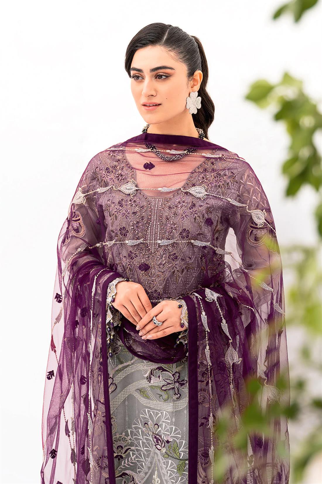 Grey Embroidered Raw Silk Ladies Readymade