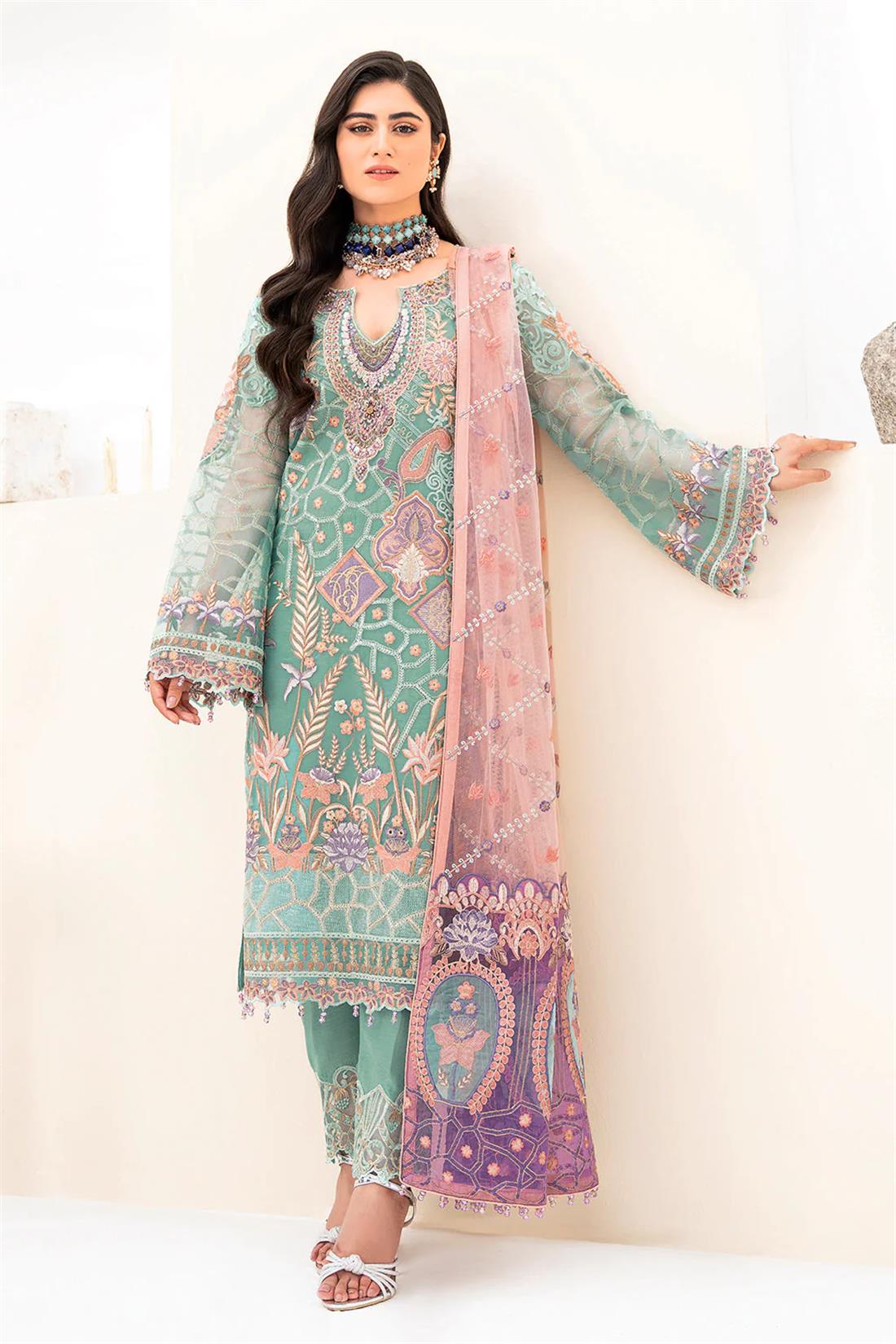 Aquamarine Embroidered Raw Silk Ladies Readymade