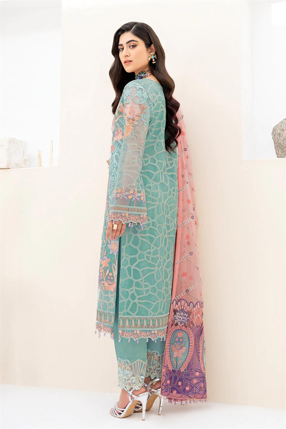 Aquamarine Embroidered Raw Silk Ladies Readymade