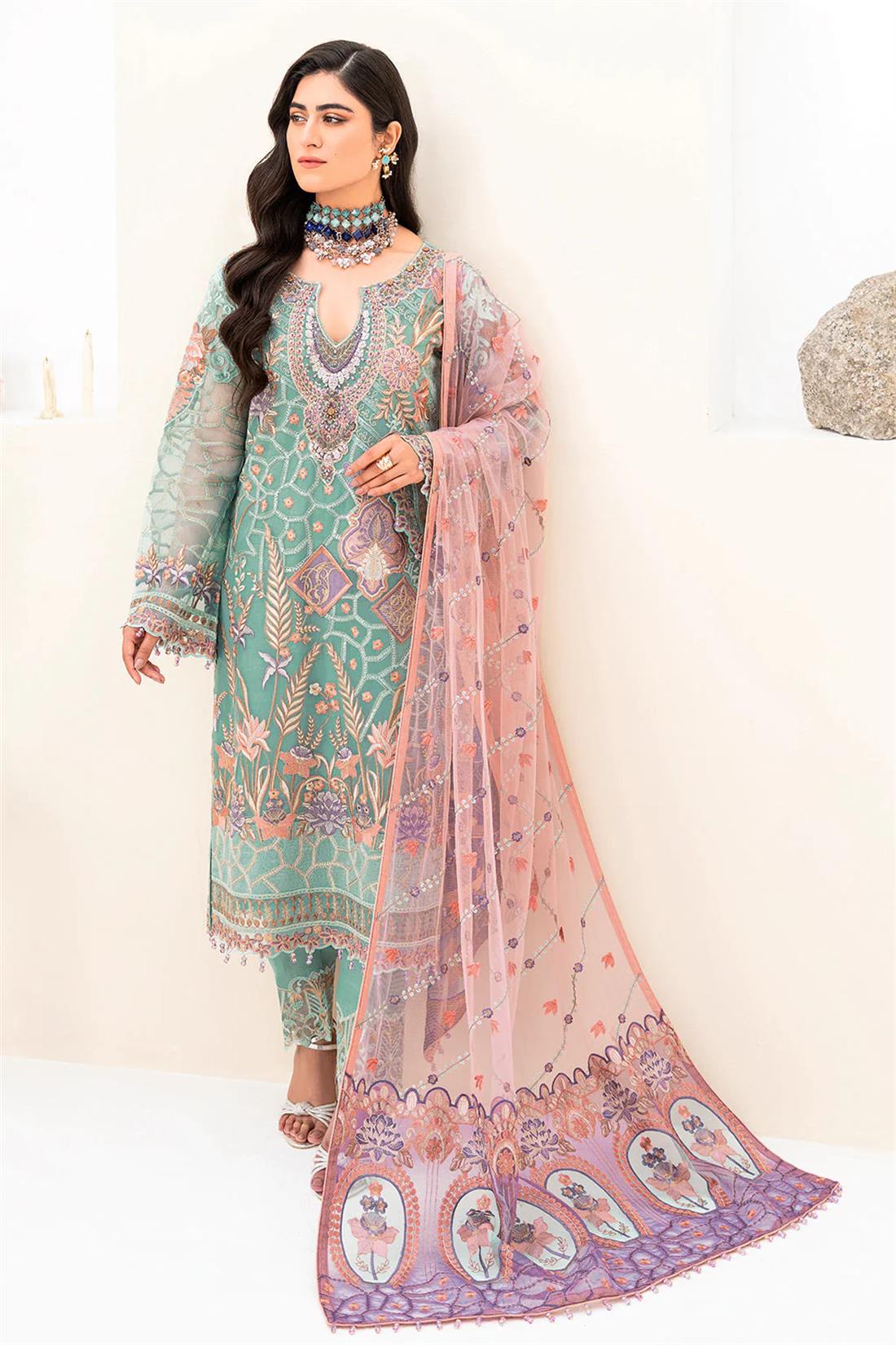 Aquamarine Embroidered Raw Silk Ladies Readymade
