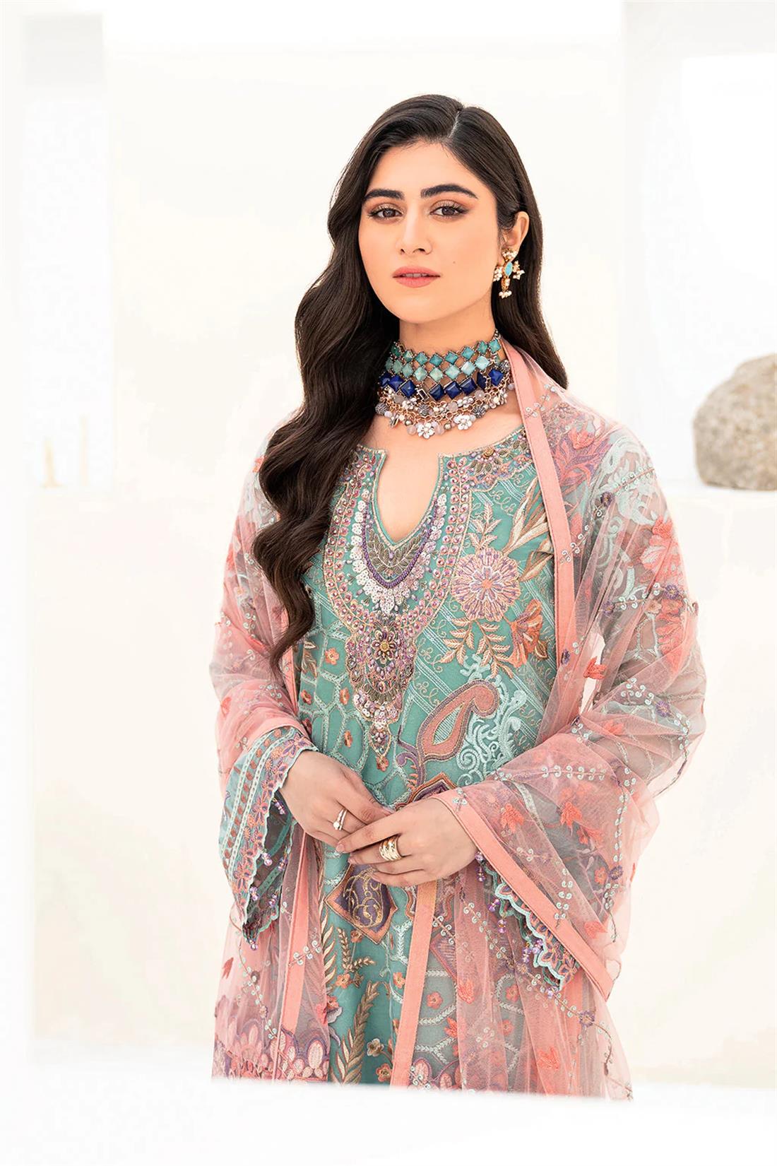 Aquamarine Embroidered Raw Silk Ladies Readymade