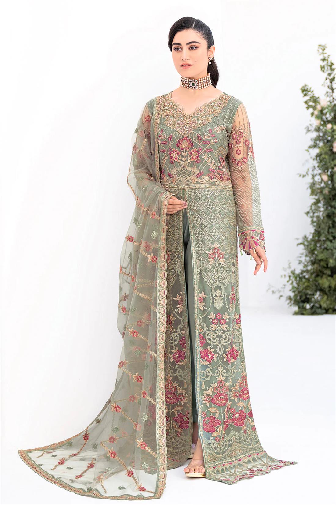 Mint Embroidered Raw Silk Ladies Readymade