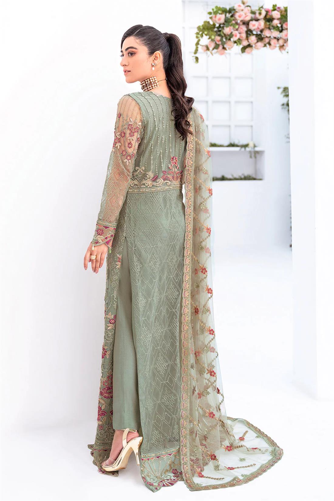 Mint Embroidered Raw Silk Ladies Readymade