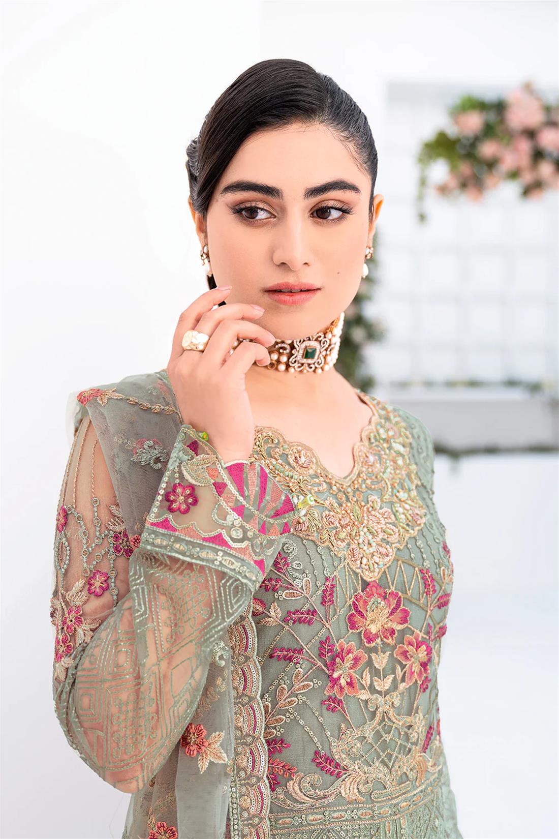 Mint Embroidered Raw Silk Ladies Readymade