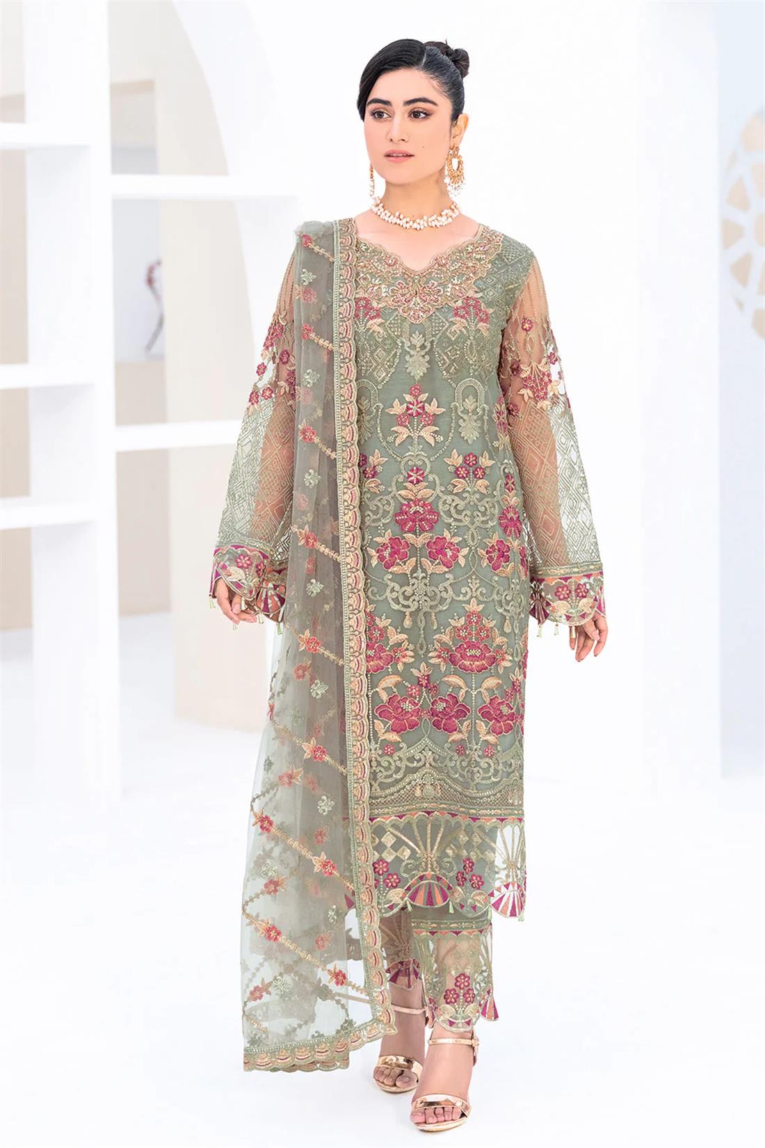 Mint Embroidered Raw Silk Ladies Readymade
