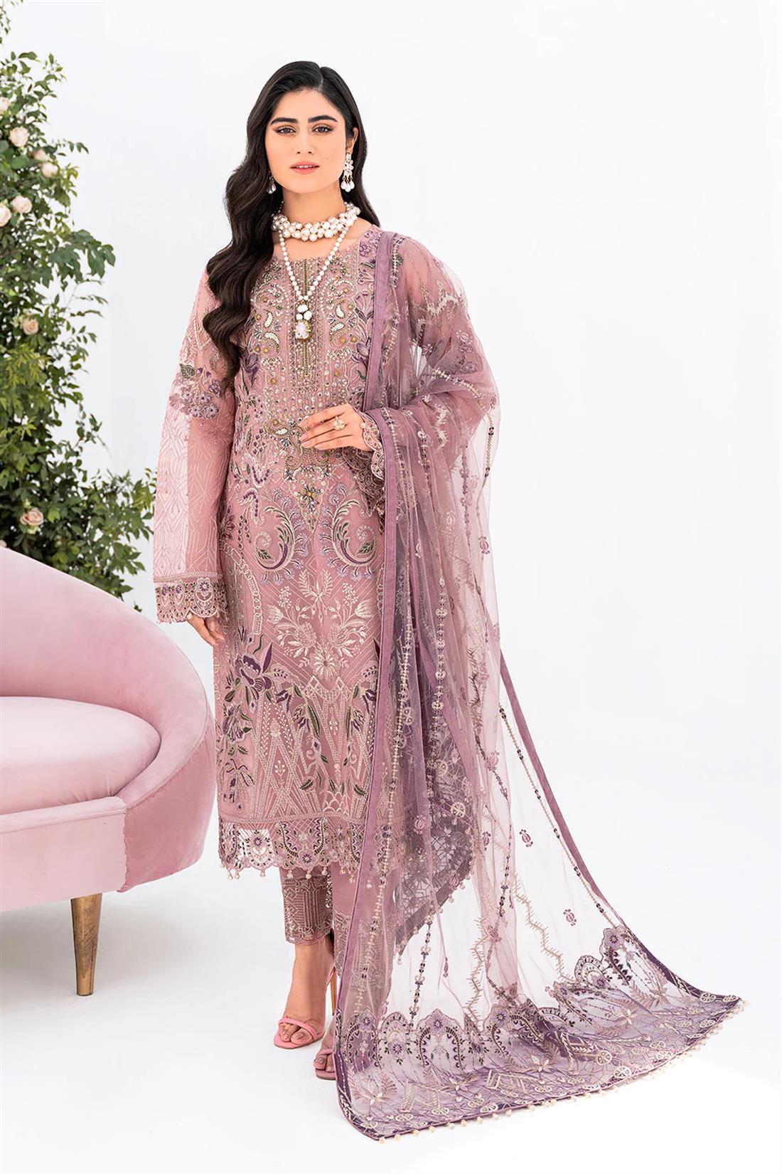 Pink Embroidered Raw Silk Ladies Readymade