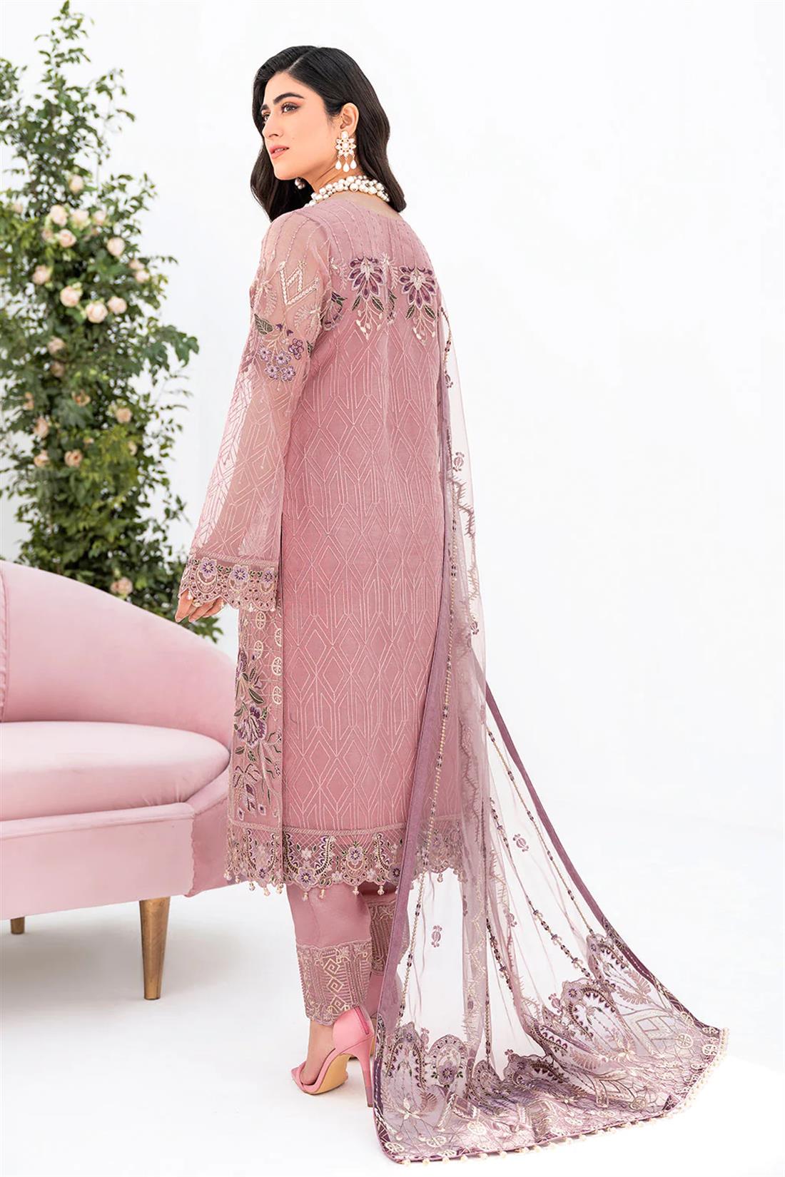 Pink Embroidered Raw Silk Ladies Readymade