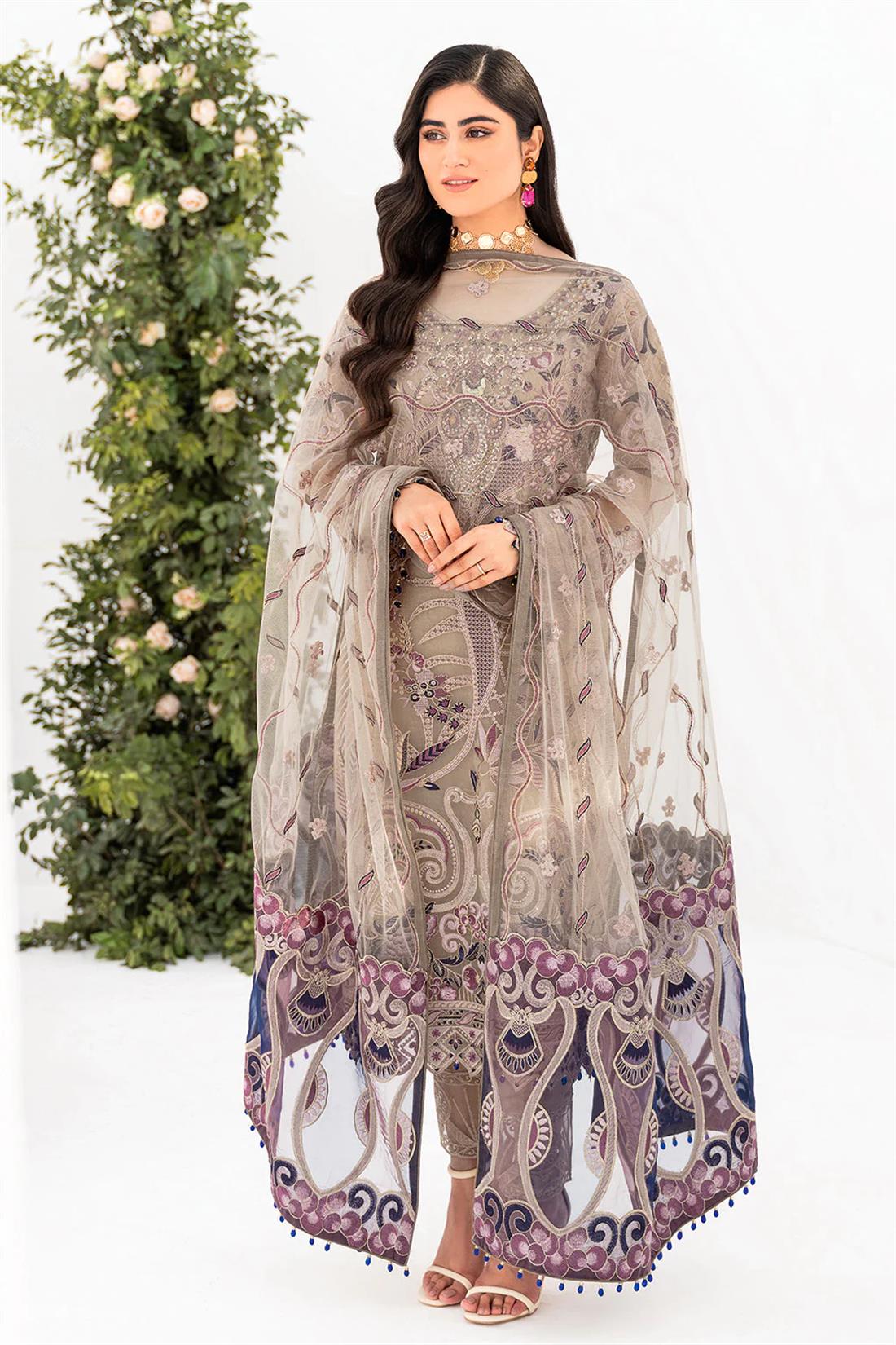 Beige Embroidered Raw Silk Ladies Readymade