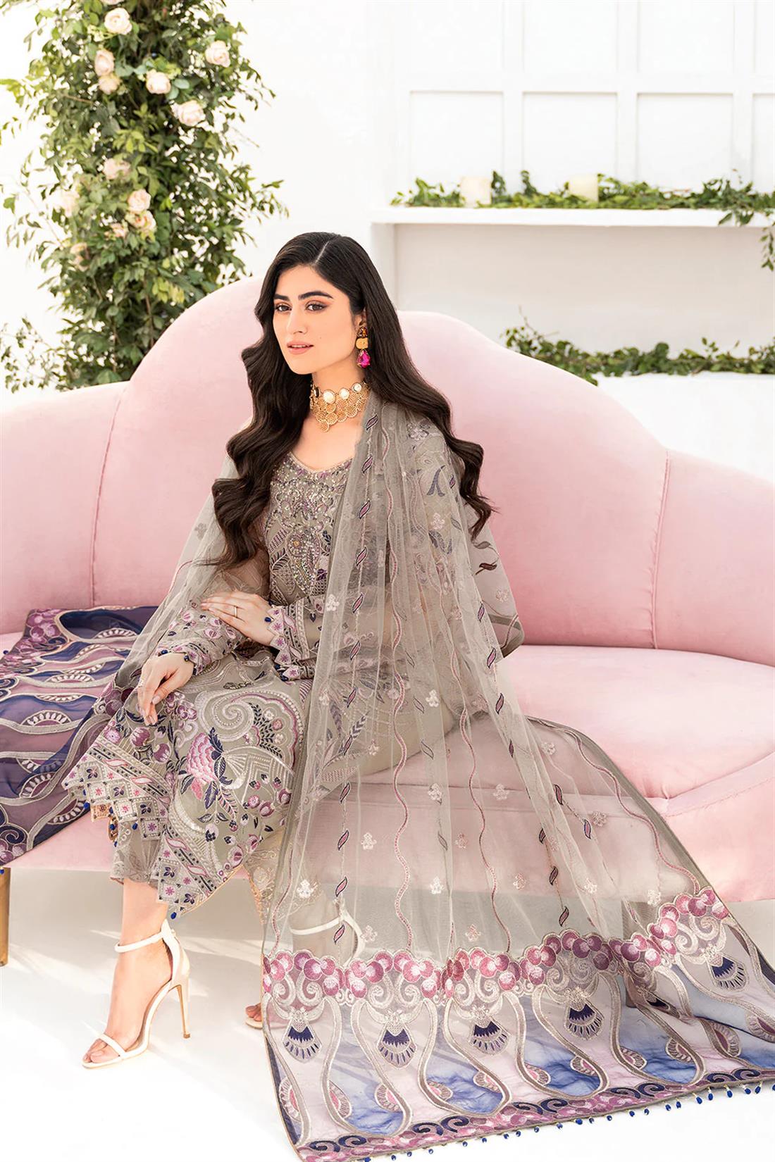 Beige Embroidered Raw Silk Ladies Readymade